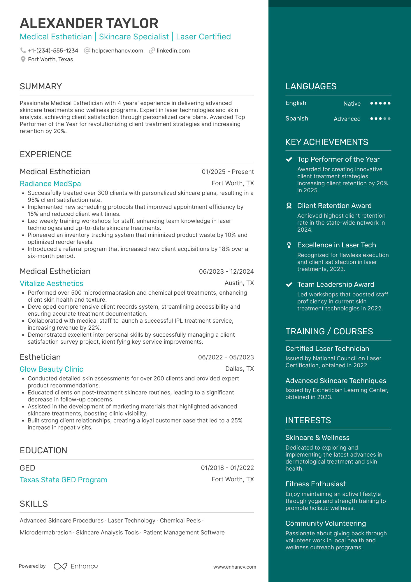 A resume example of a Medical Esthetician