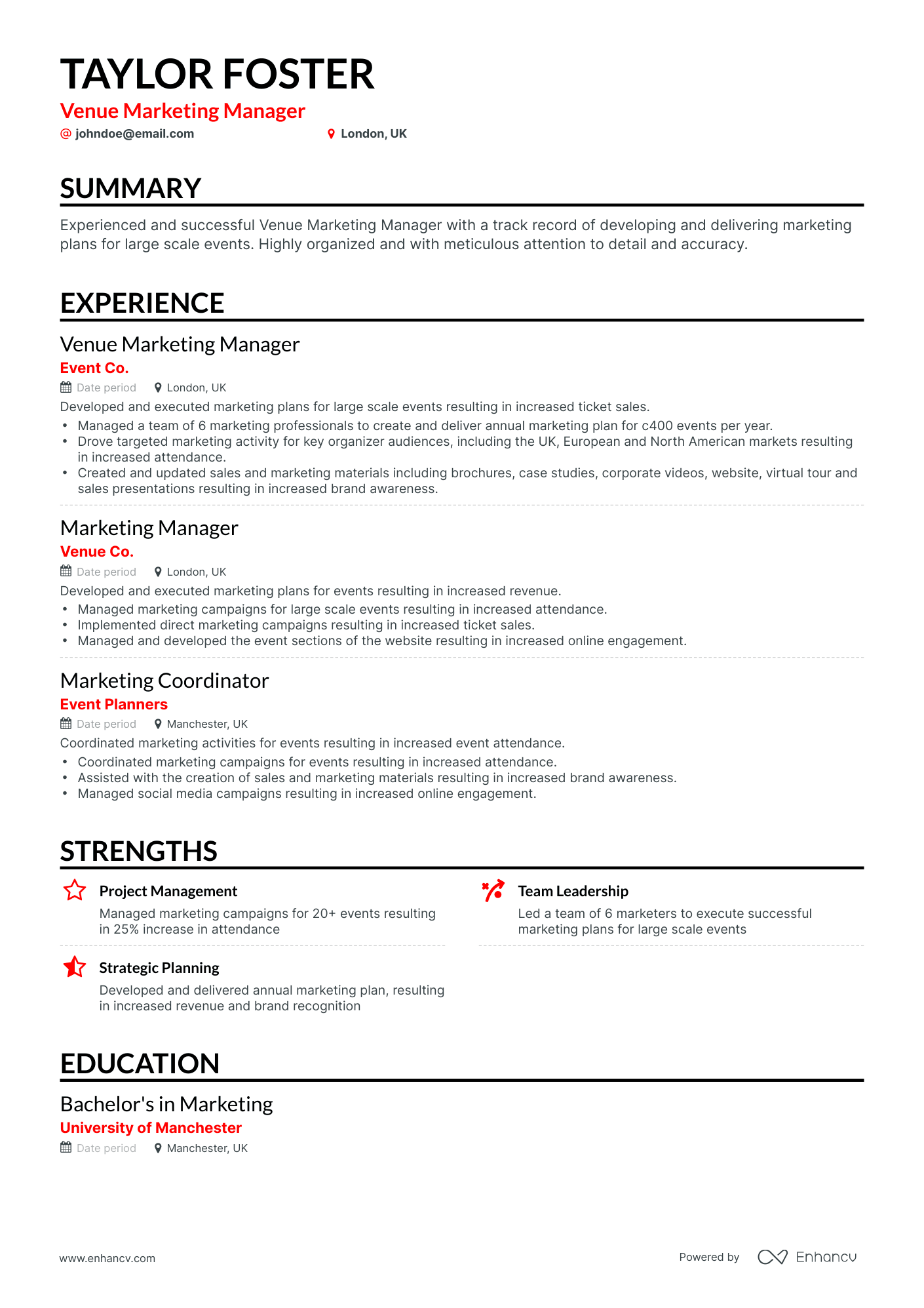 Classic Venue Manager Resume Template