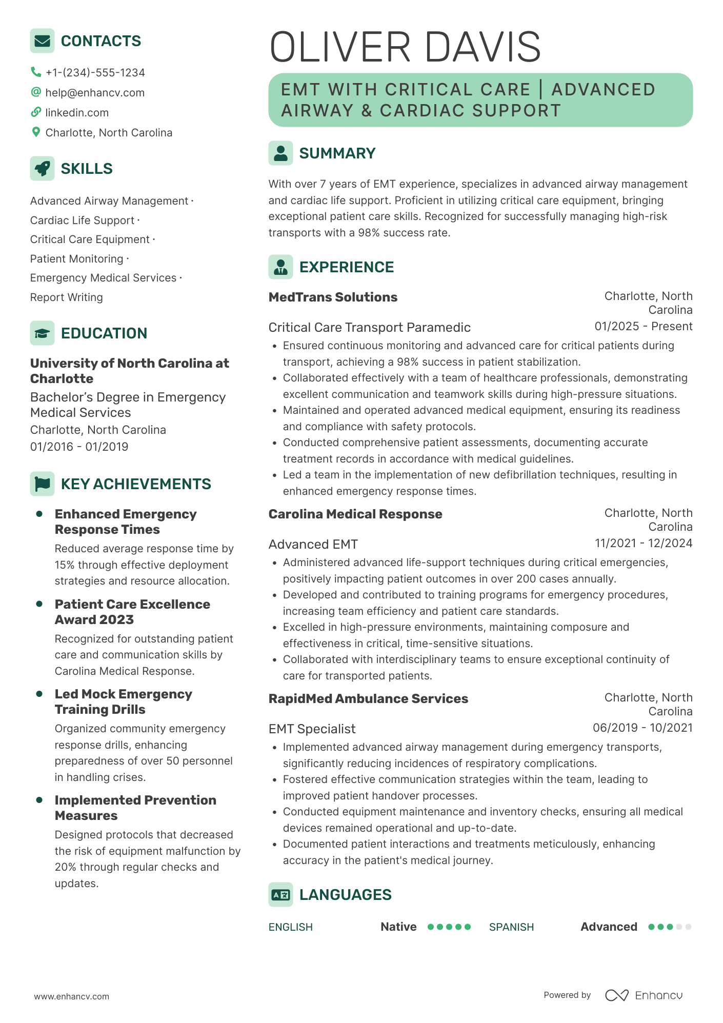 A resume example of a EMT Critical Care