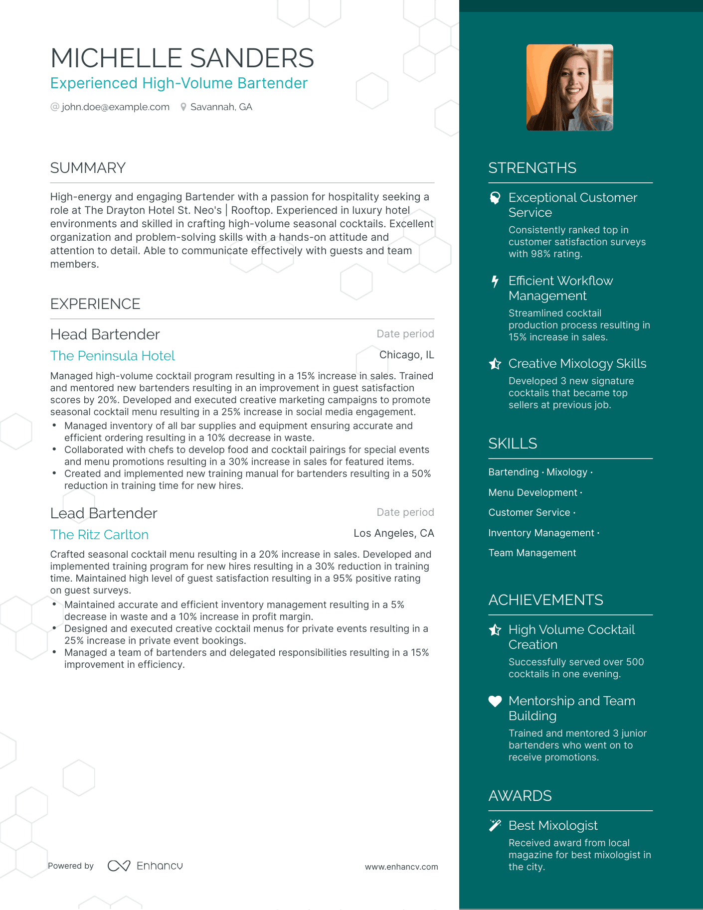 One Page High Volume Bartender Resume Template