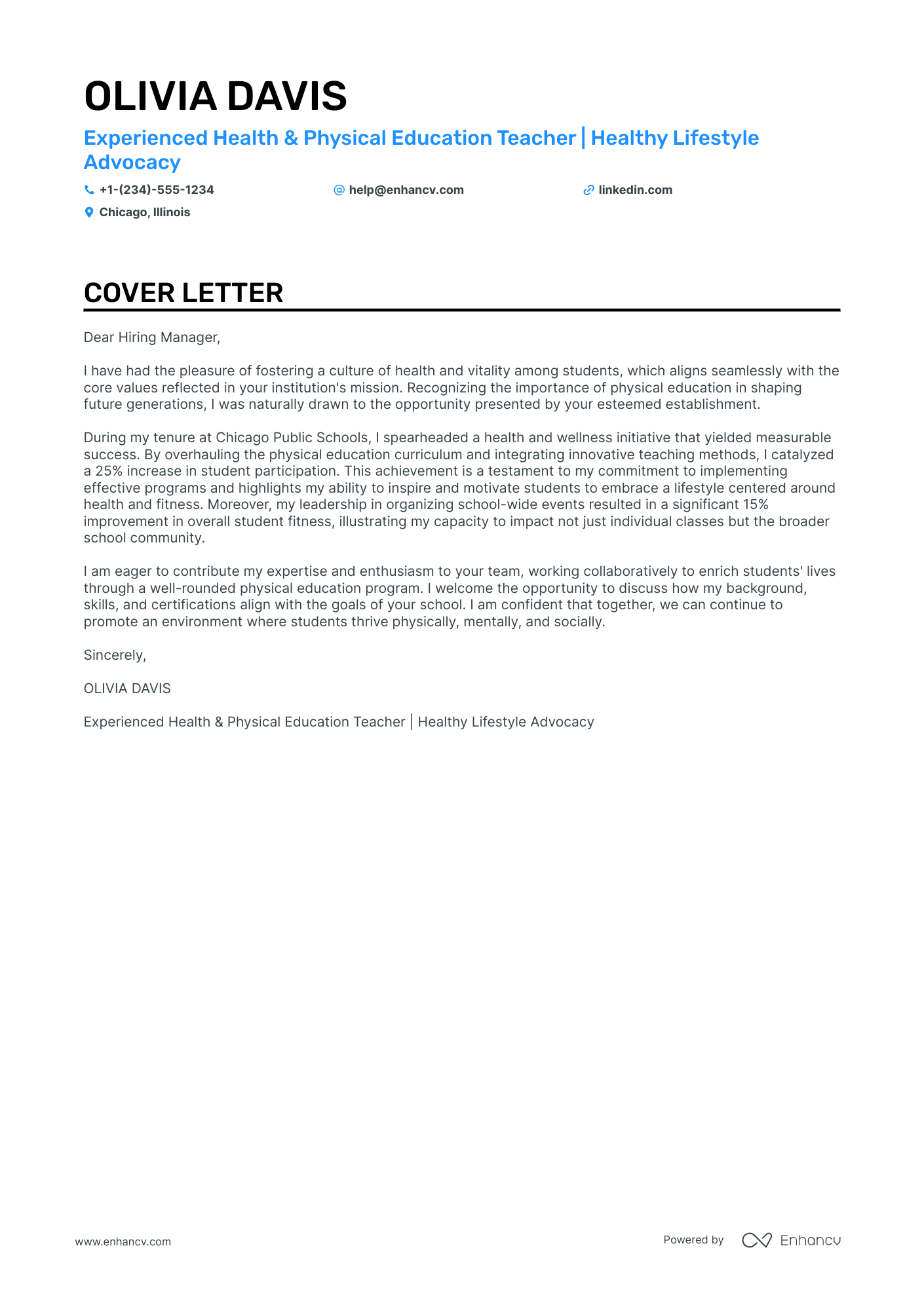 cover letter sample for physical education teacher