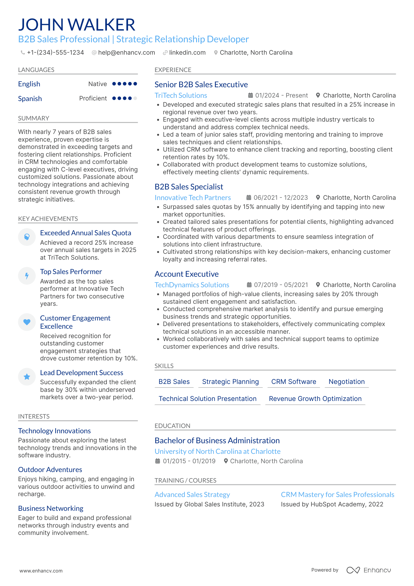 A resume example of a B2B Sales Professional