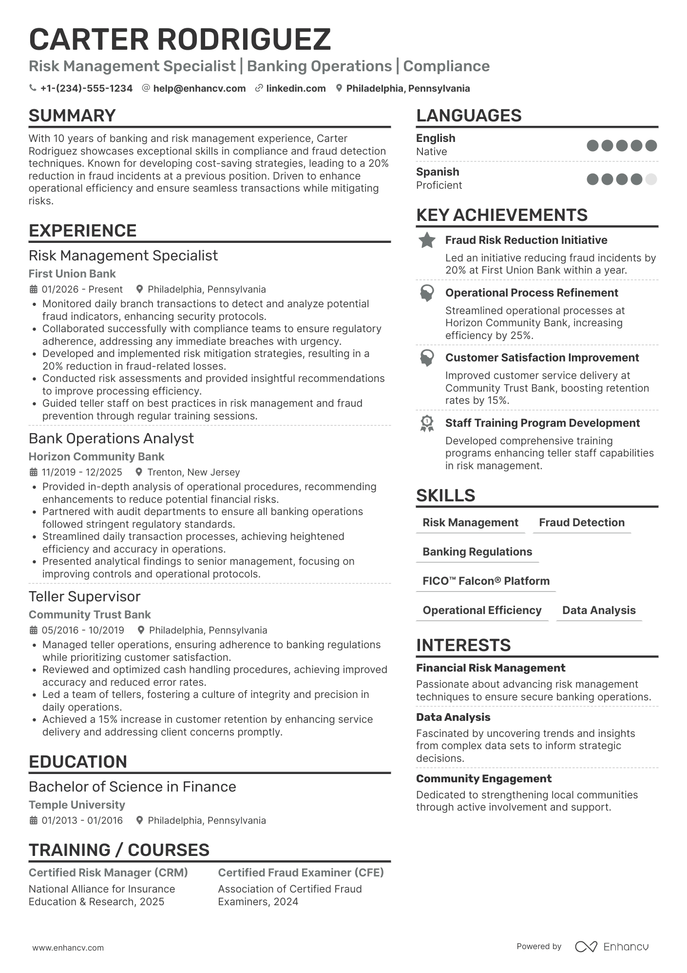 A resume example of a Bank Teller Risk Management Specialist