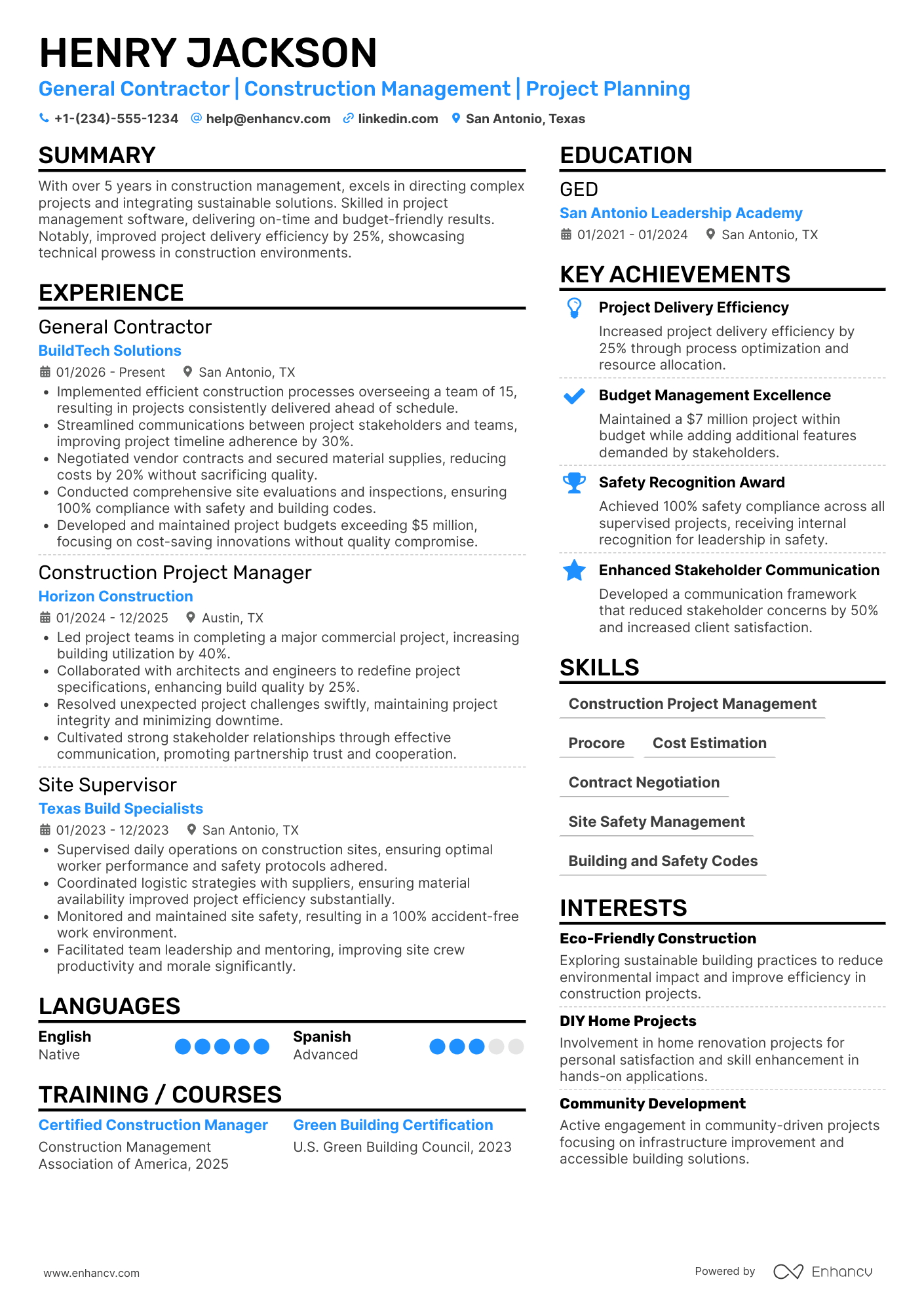 A resume example of a General Contractor