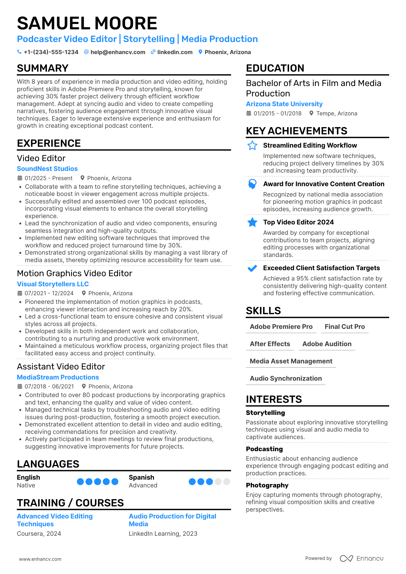 A resume example of a Podcaster Video Editor