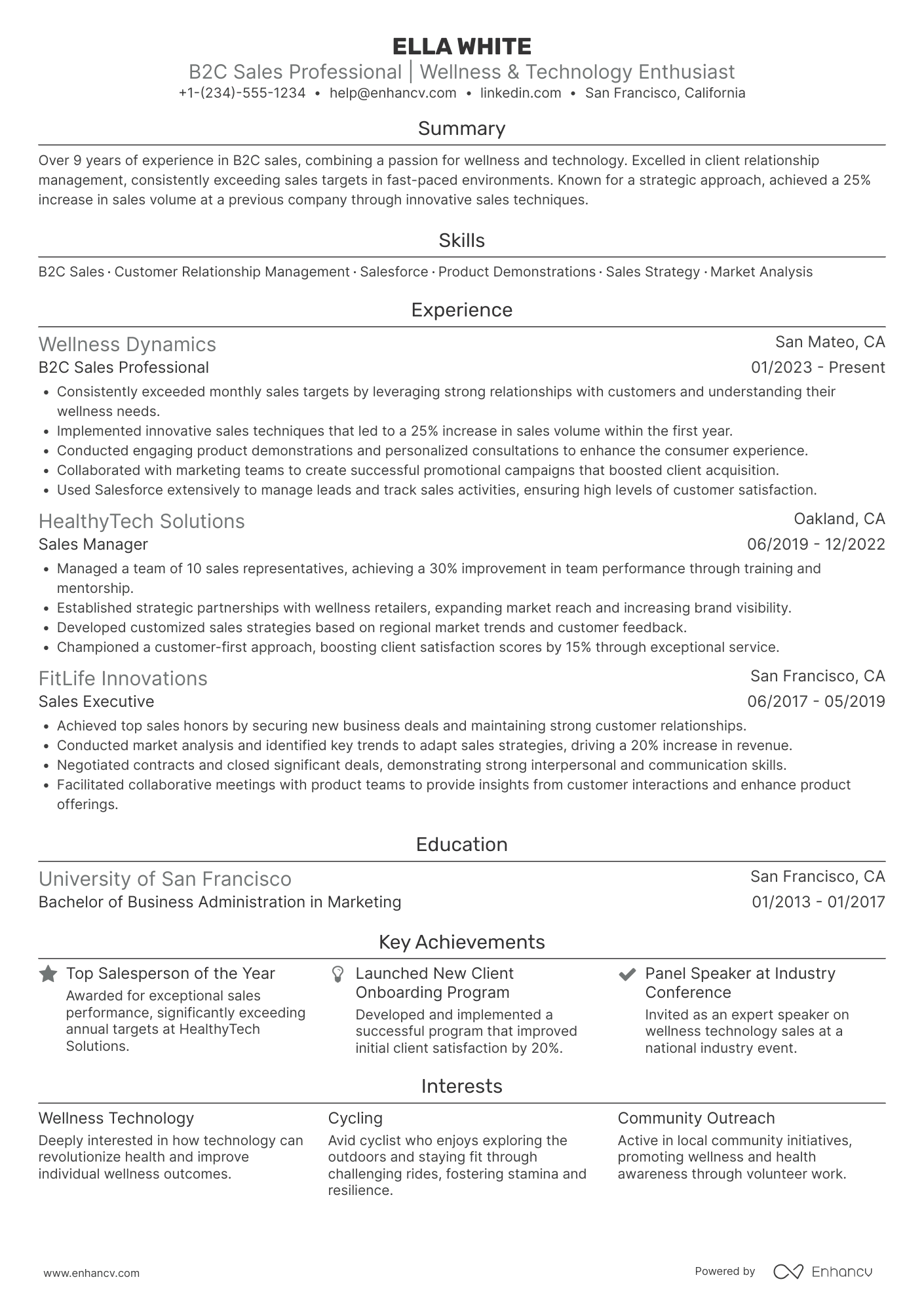 A resume example of a B2C Sales Professional