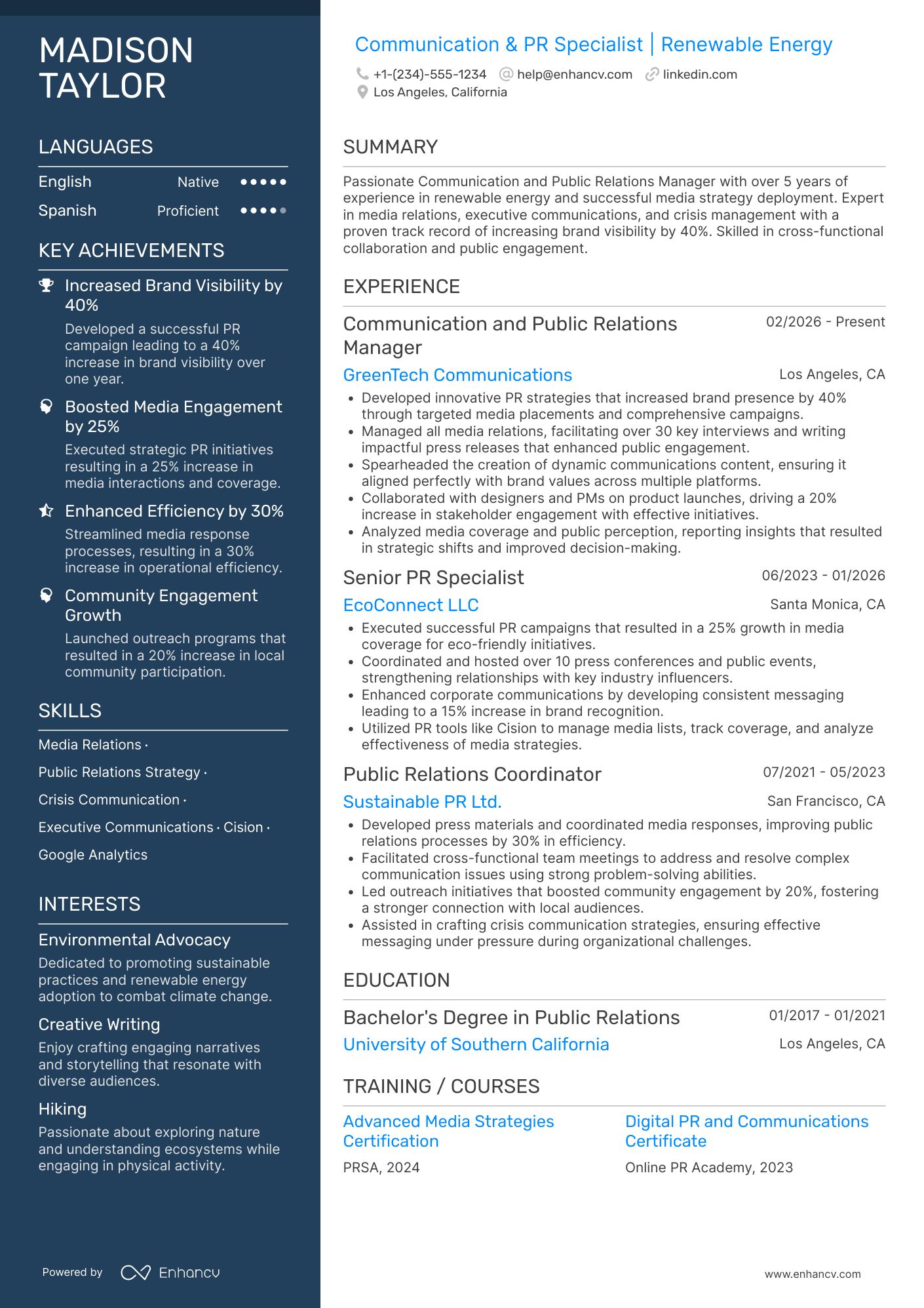 A resume example of a Communication and Public Relations Manager