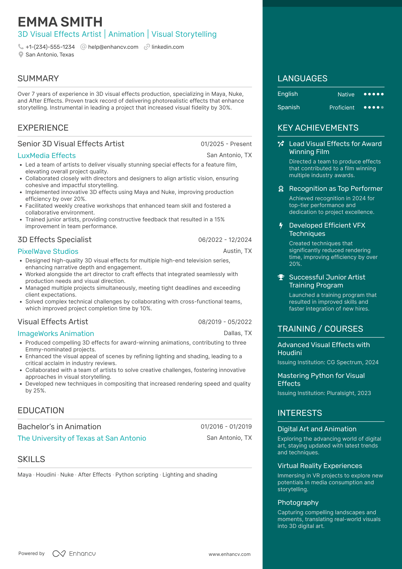 A resume example of a 3D Visual Effects Artist