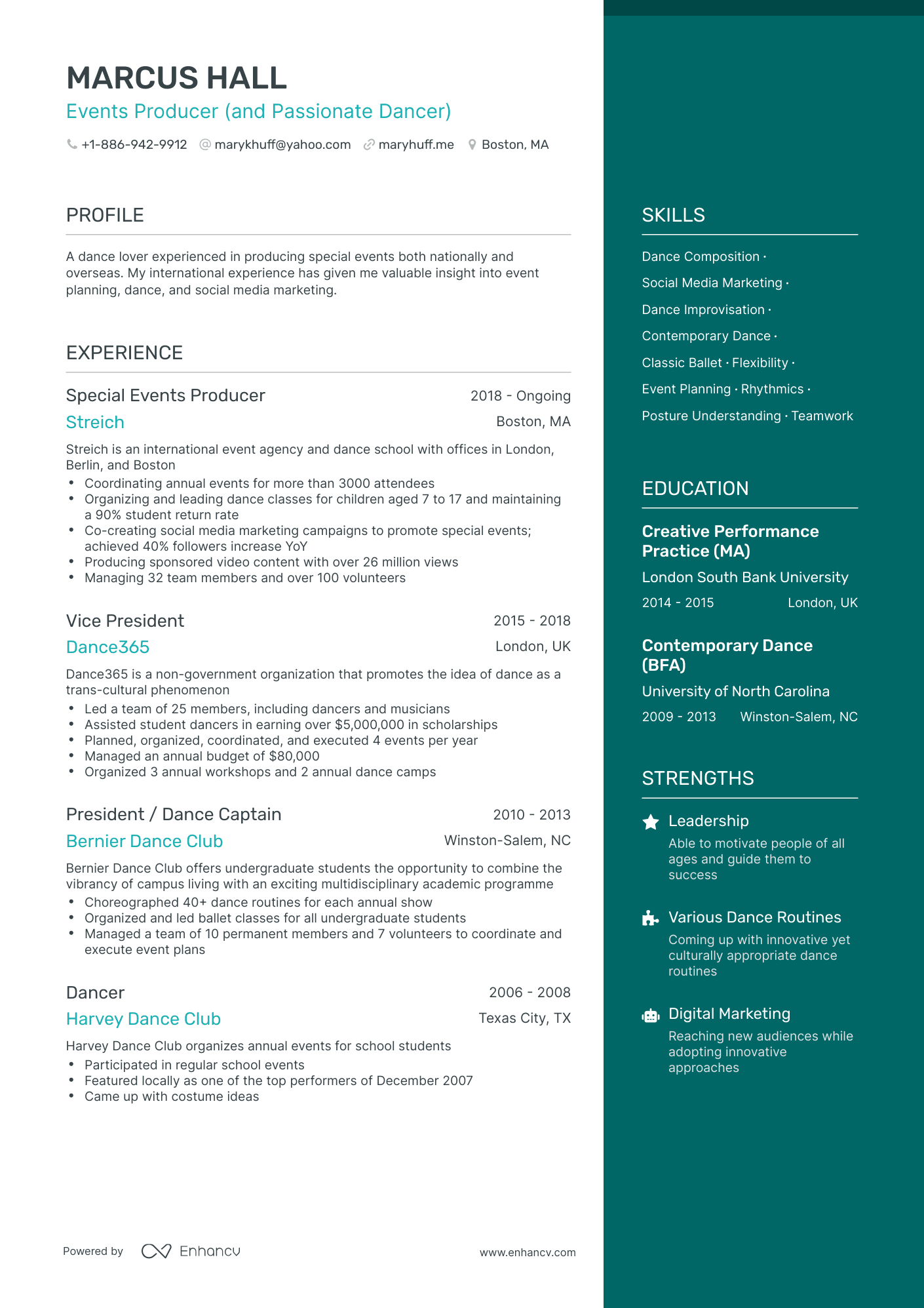 One Page Dance Resume Template