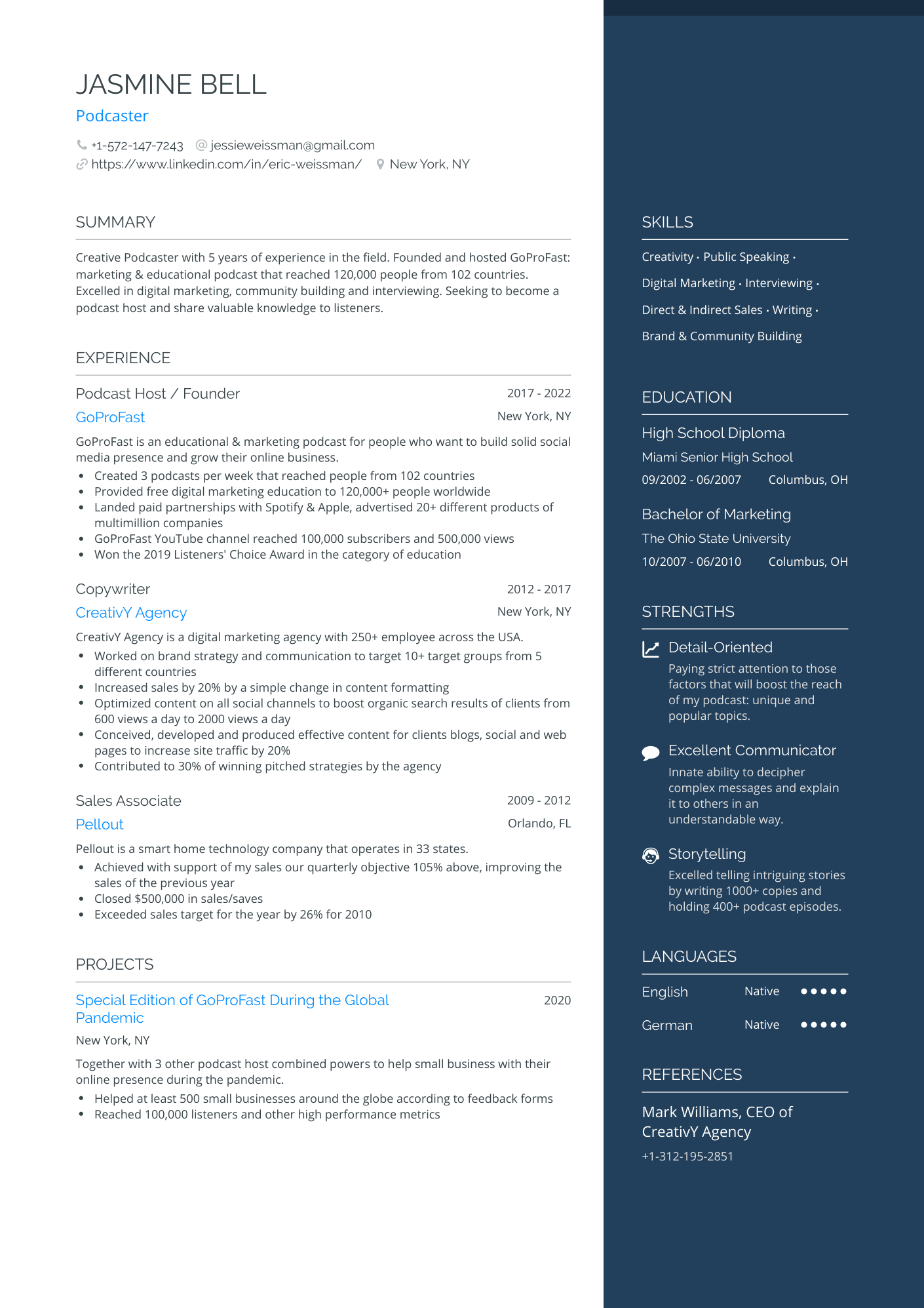 One Page Podcaster Resume Template