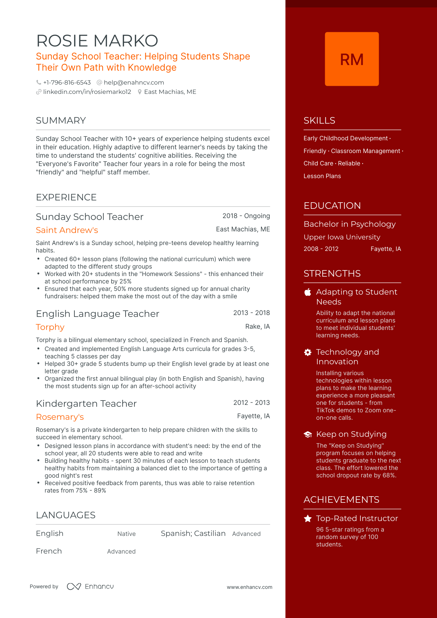 One Page Sunday School Teacher Resume Template