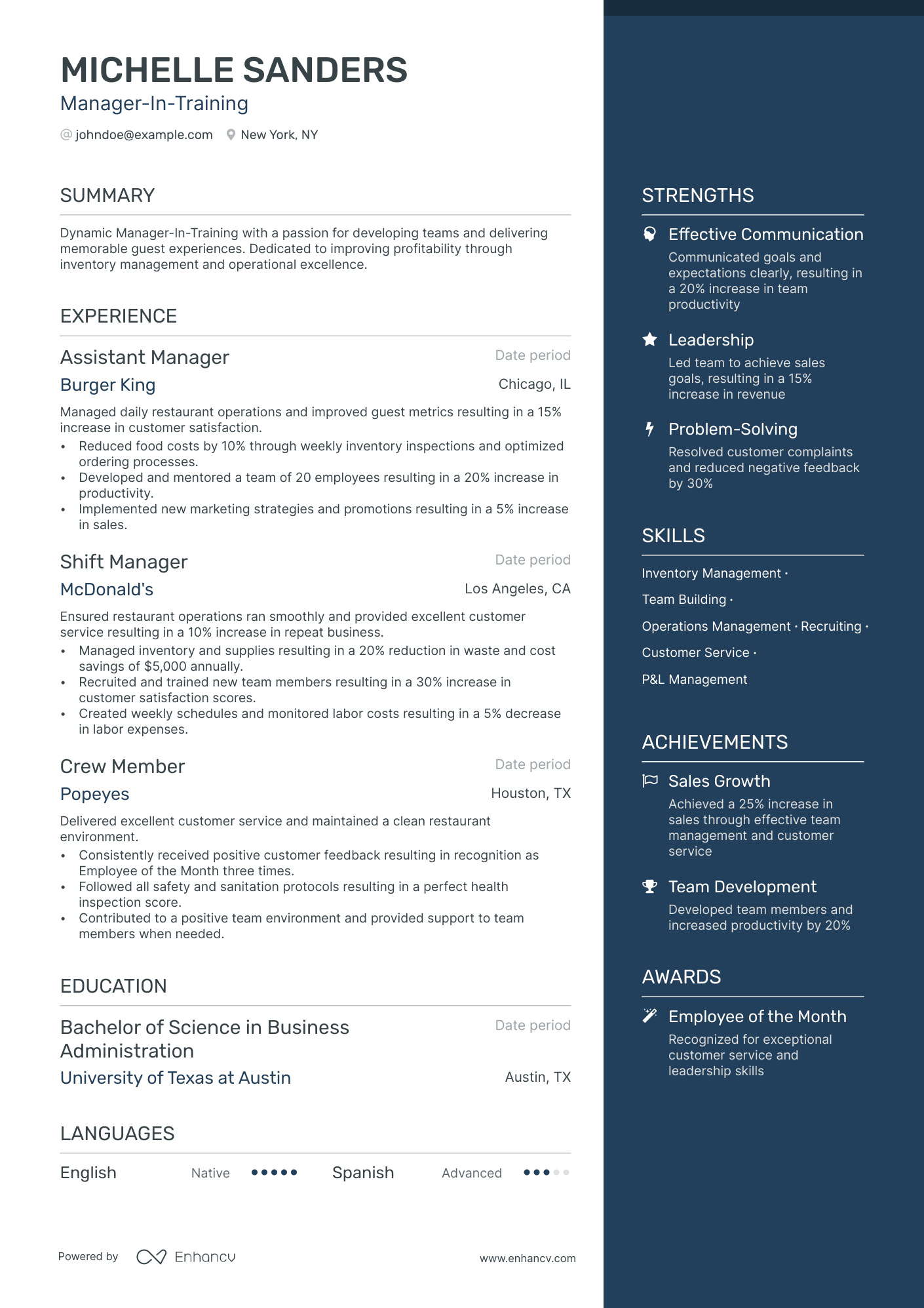 A resume example of a Manager In Training