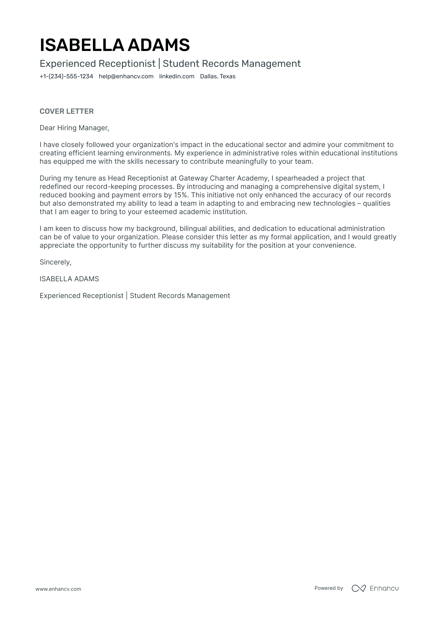 cover letter example for front office receptionist
