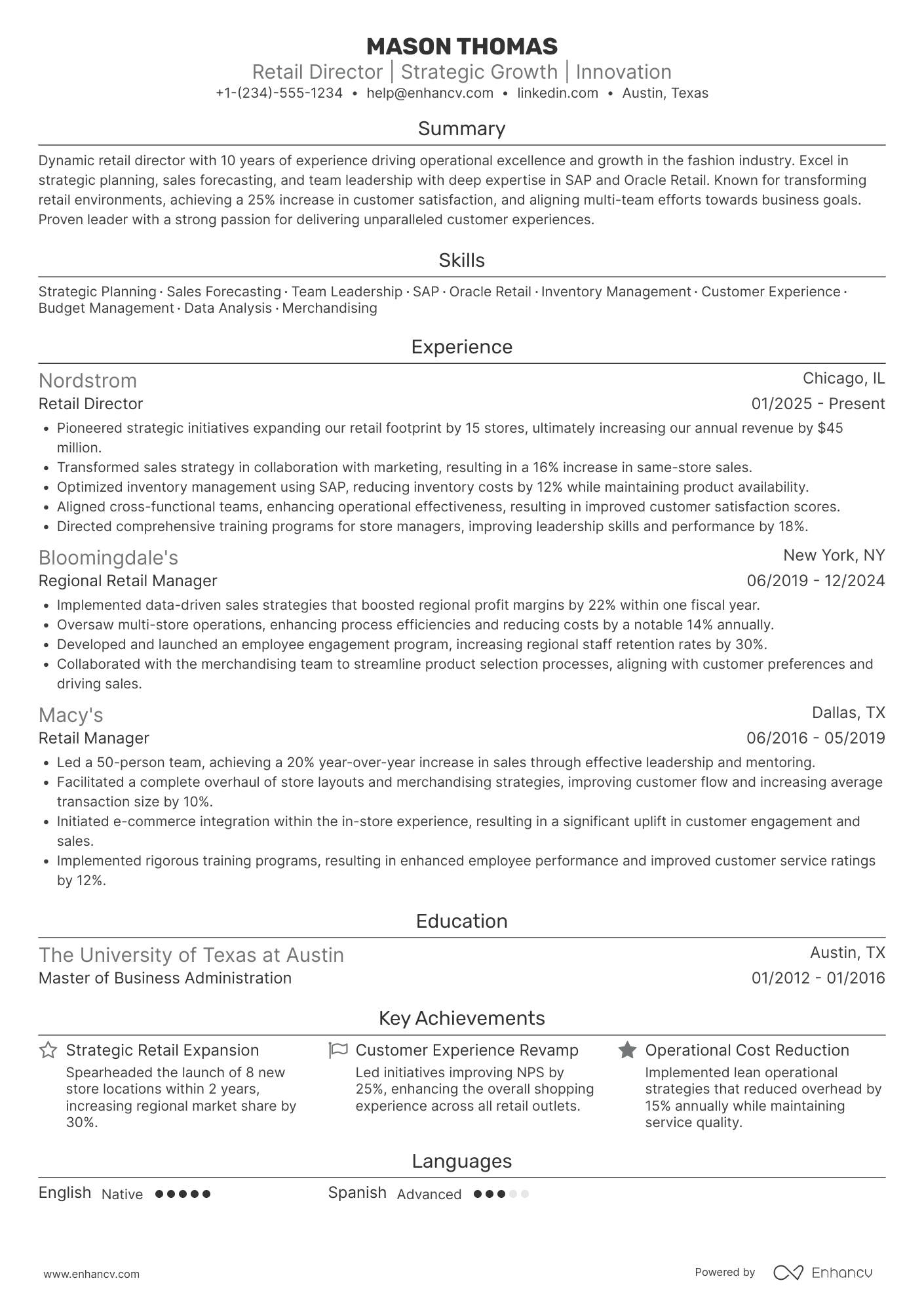 A resume example of a Retail Director