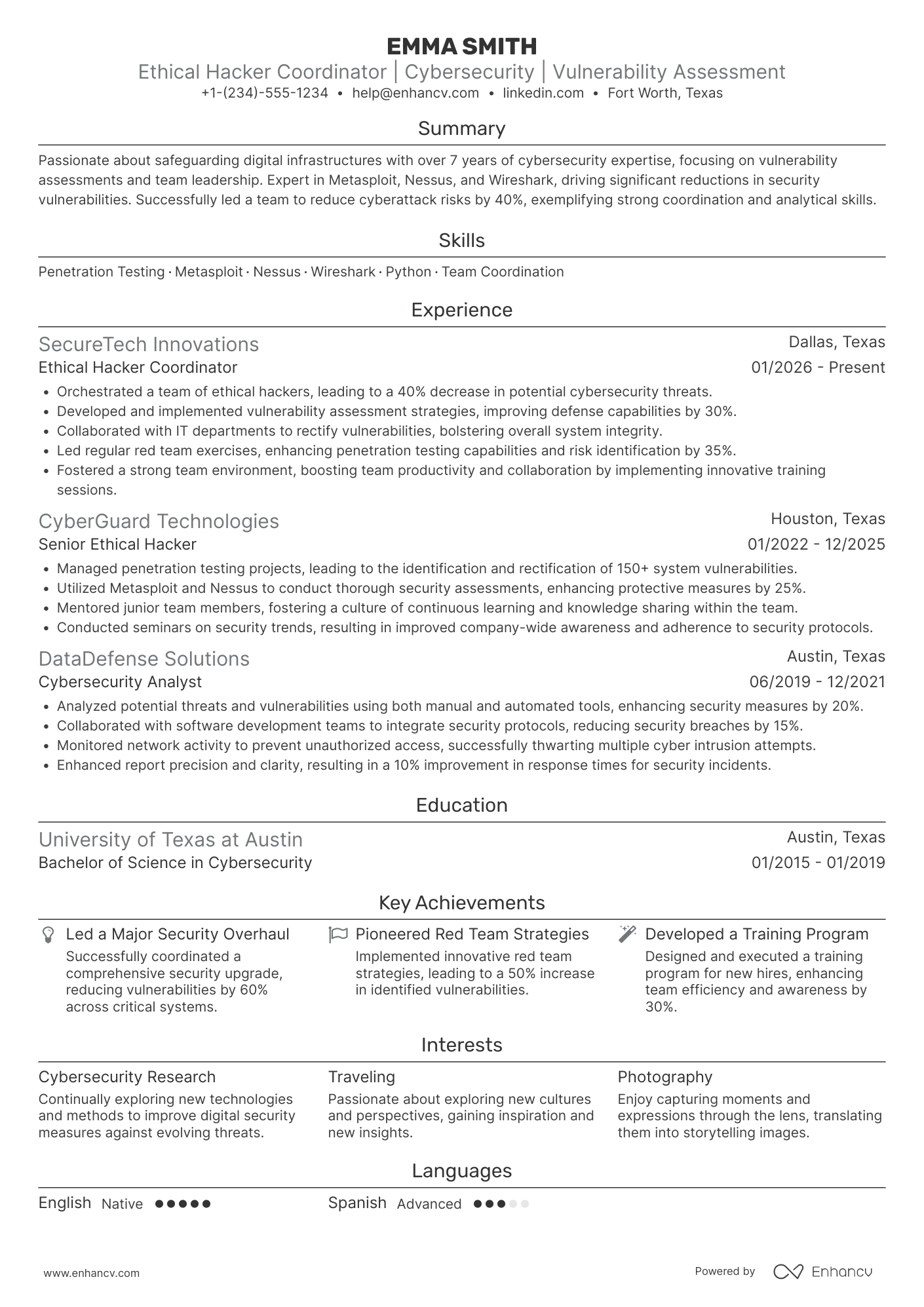 A resume example of a Ethical Hacker Coordinator