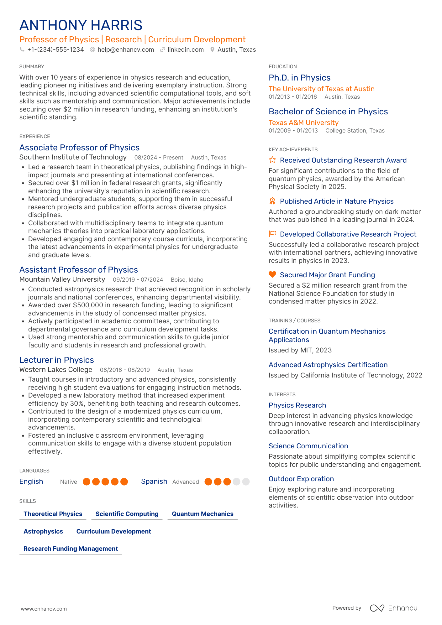 A resume example of a Distinguished Professor of Physics