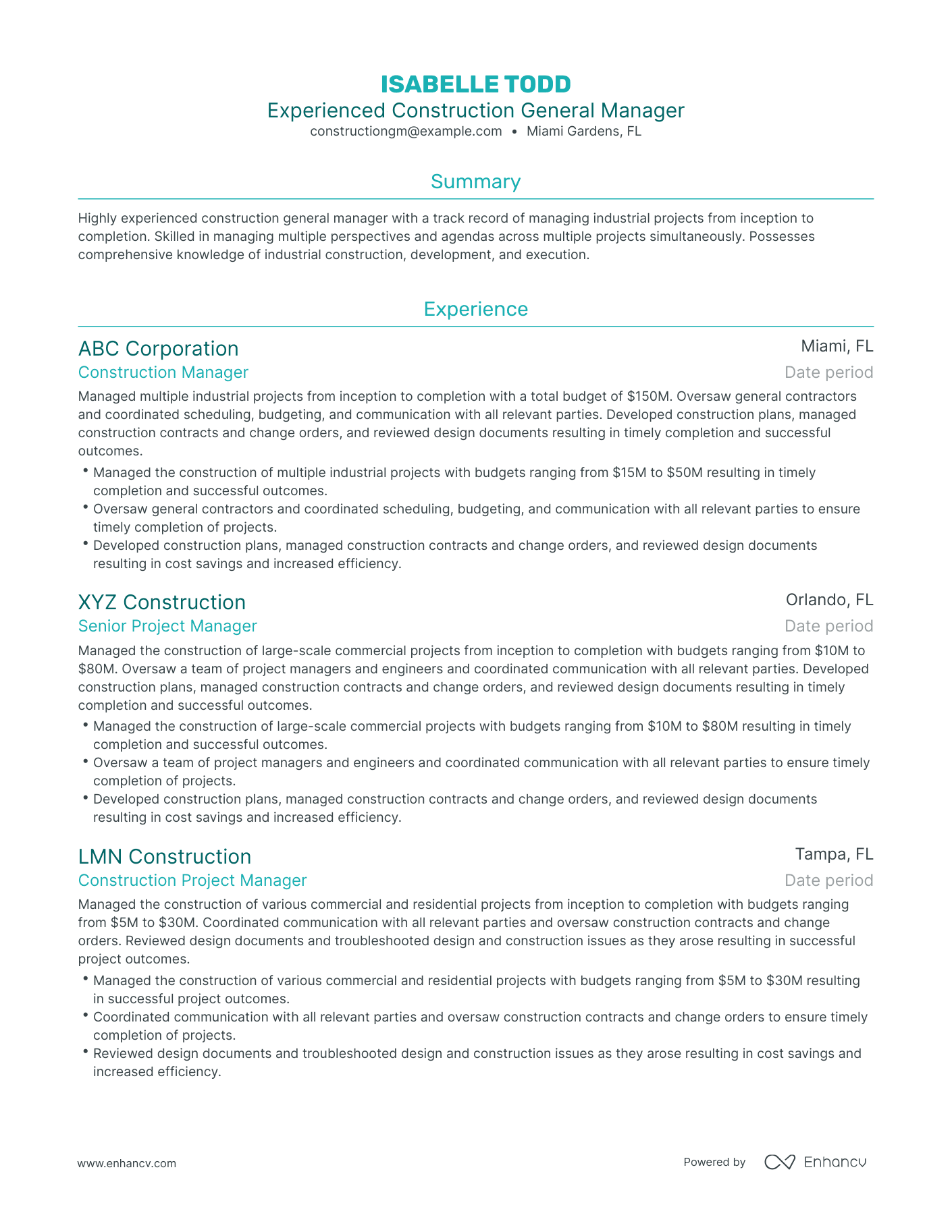 Traditional Construction General Manager Resume Template