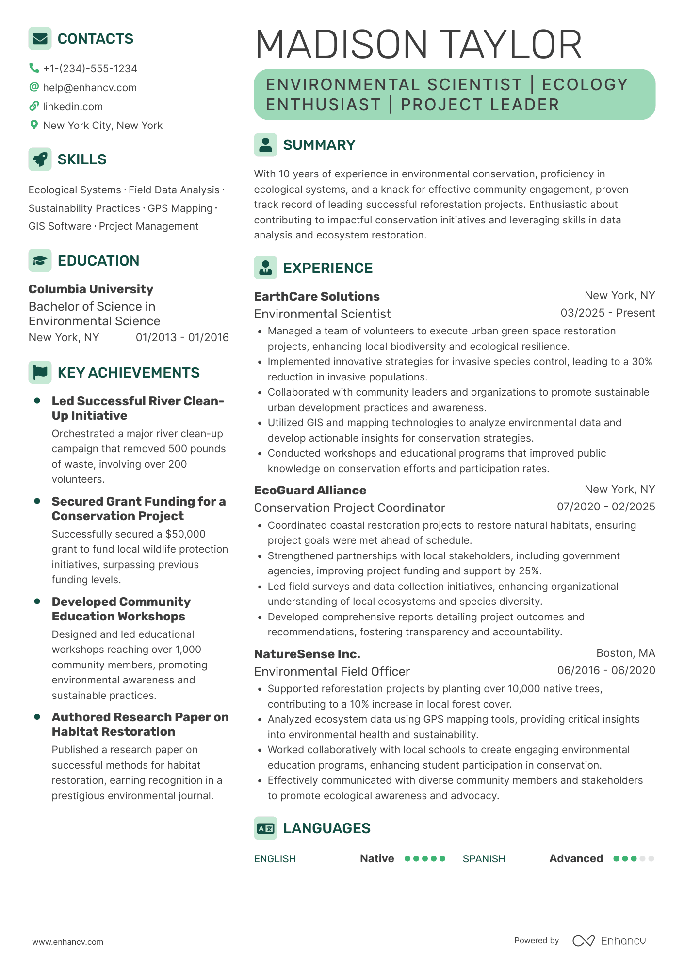 A resume example of a Environmental Conservation Volunteer