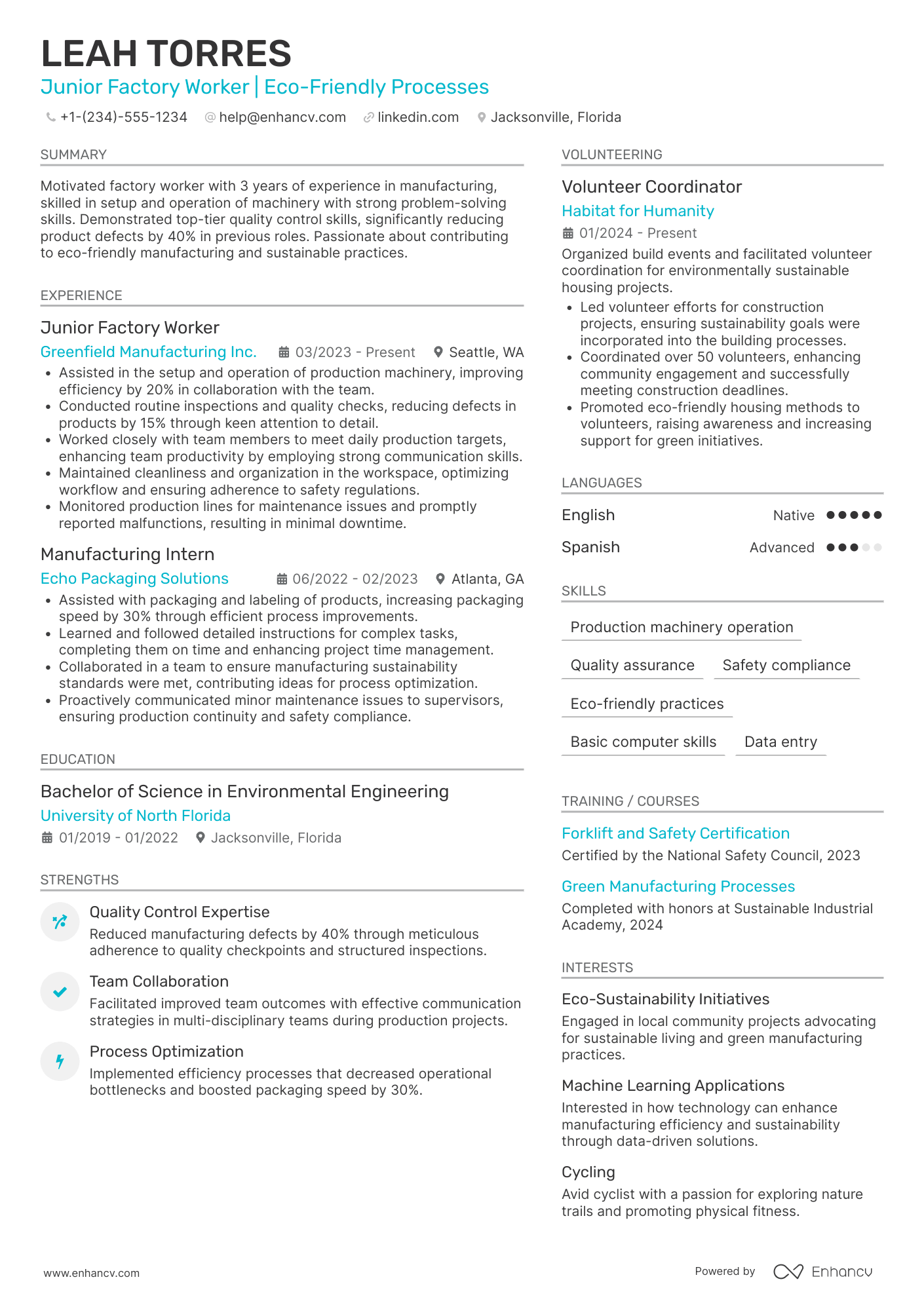 A resume example of a Junior Factory Worker