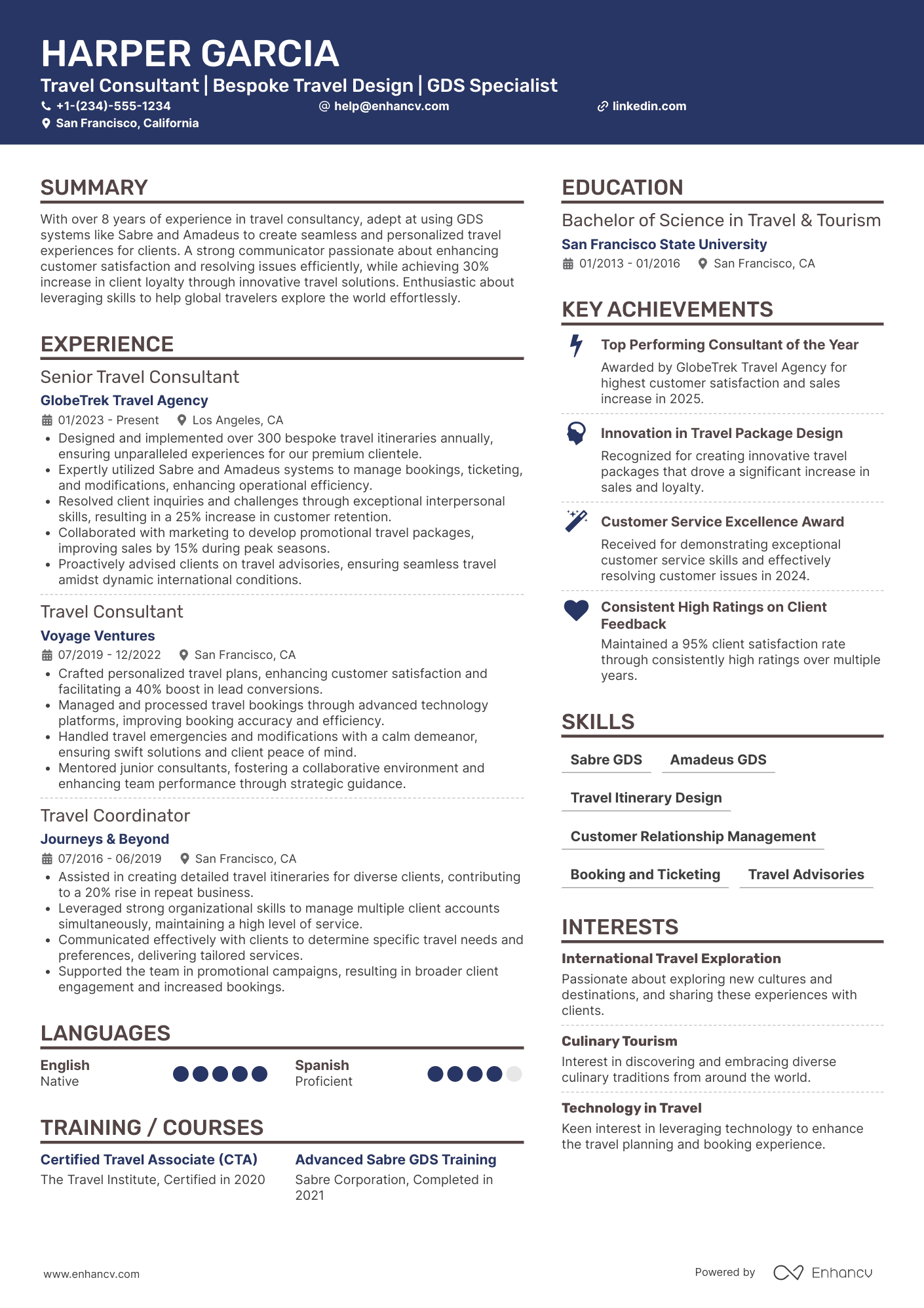 A resume example of a Online Travel Consultant