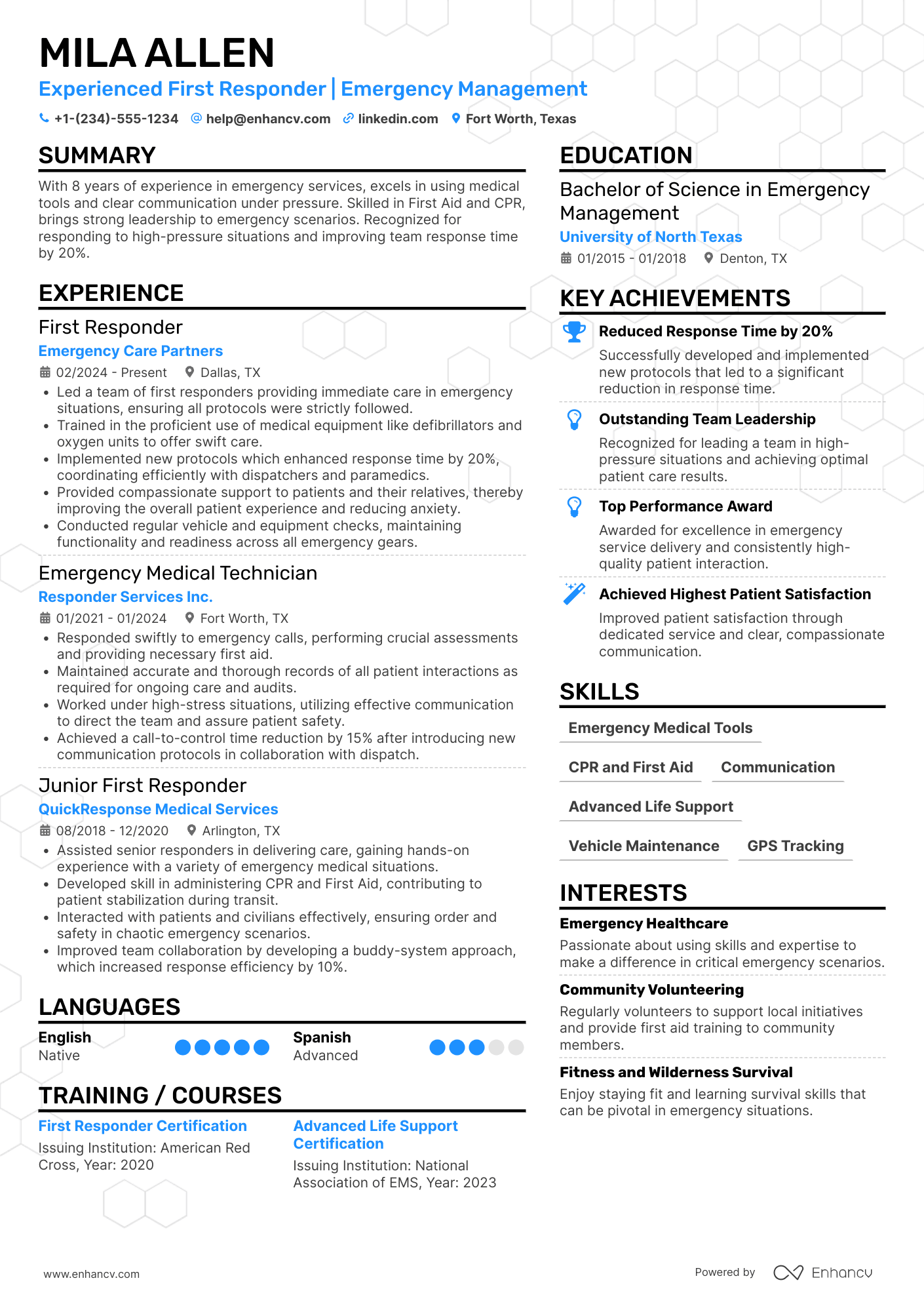 A resume example of a First Responder