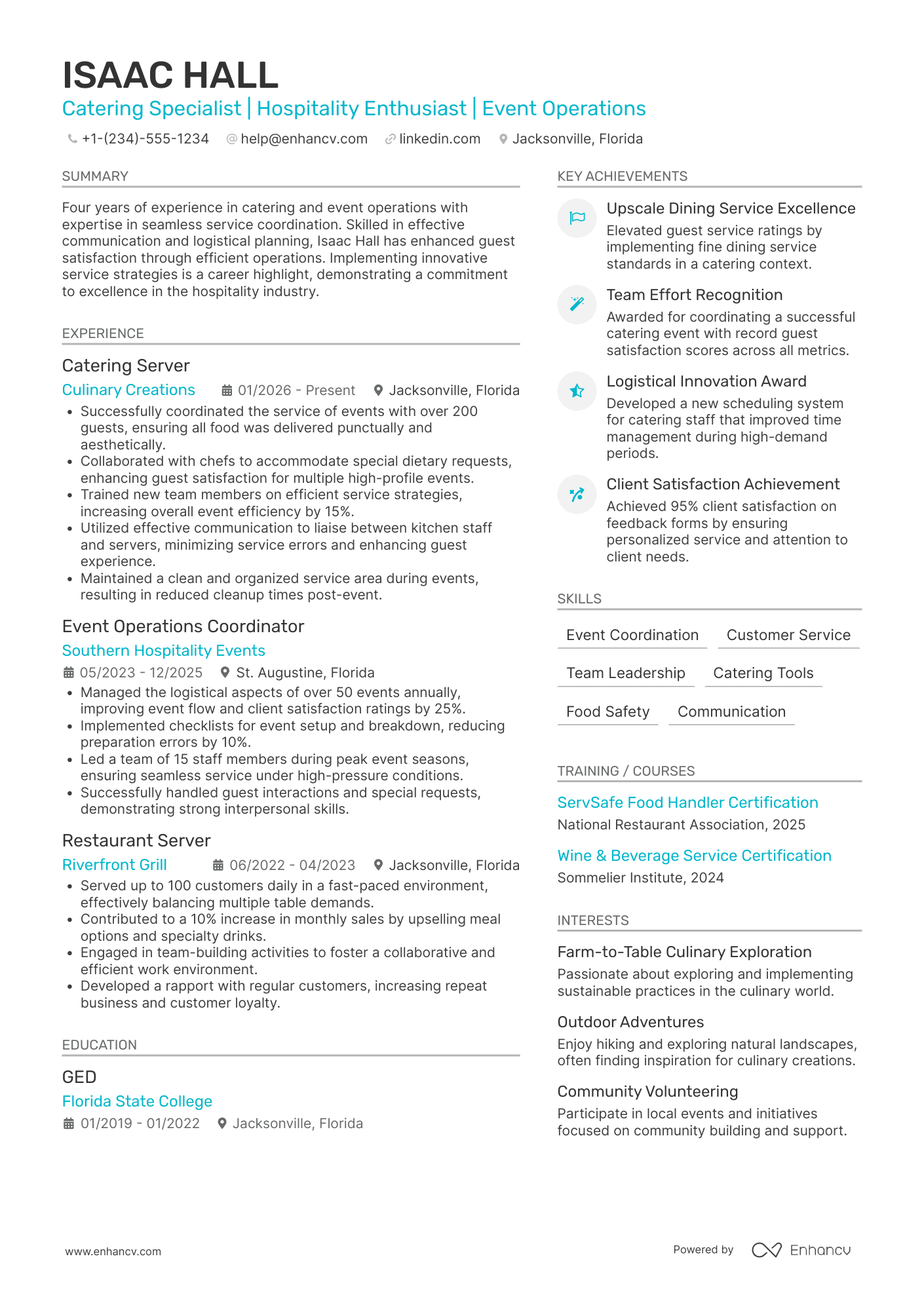 A resume example of a Catering Server