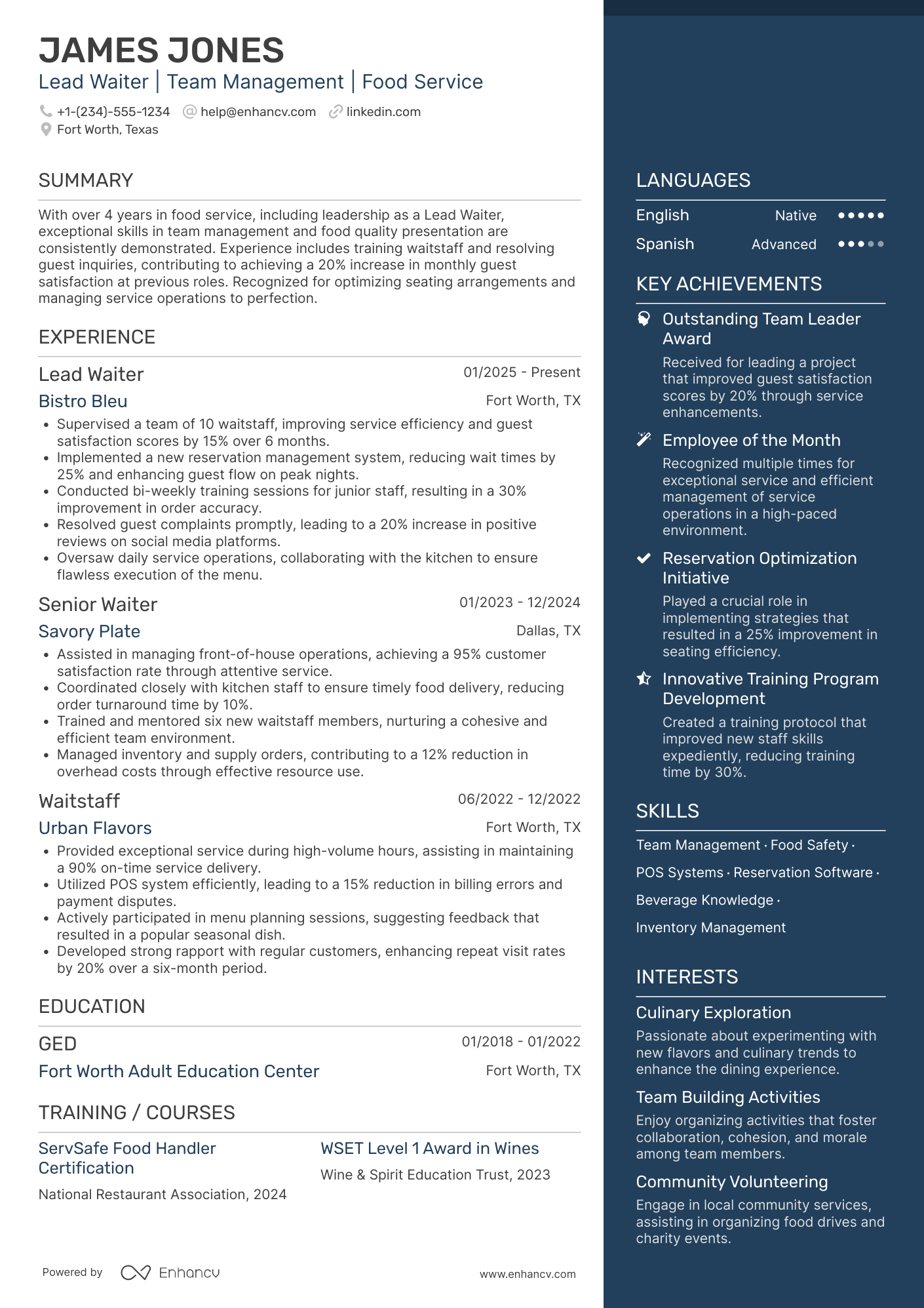 A resume example of a Lead Waiter