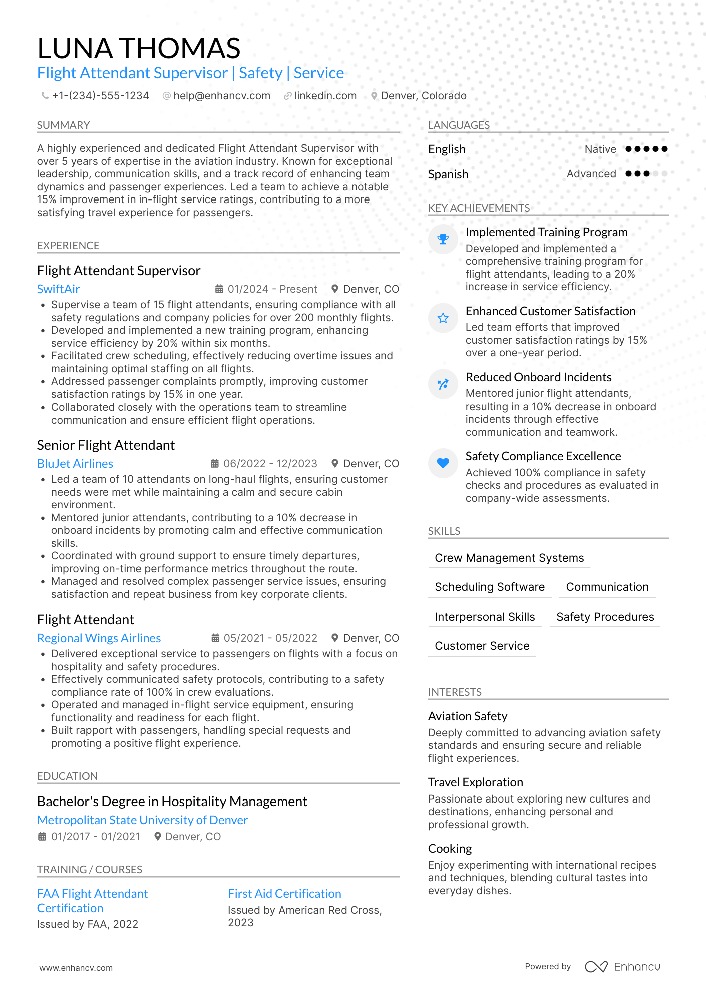 A resume example of a Flight Attendant Supervisor