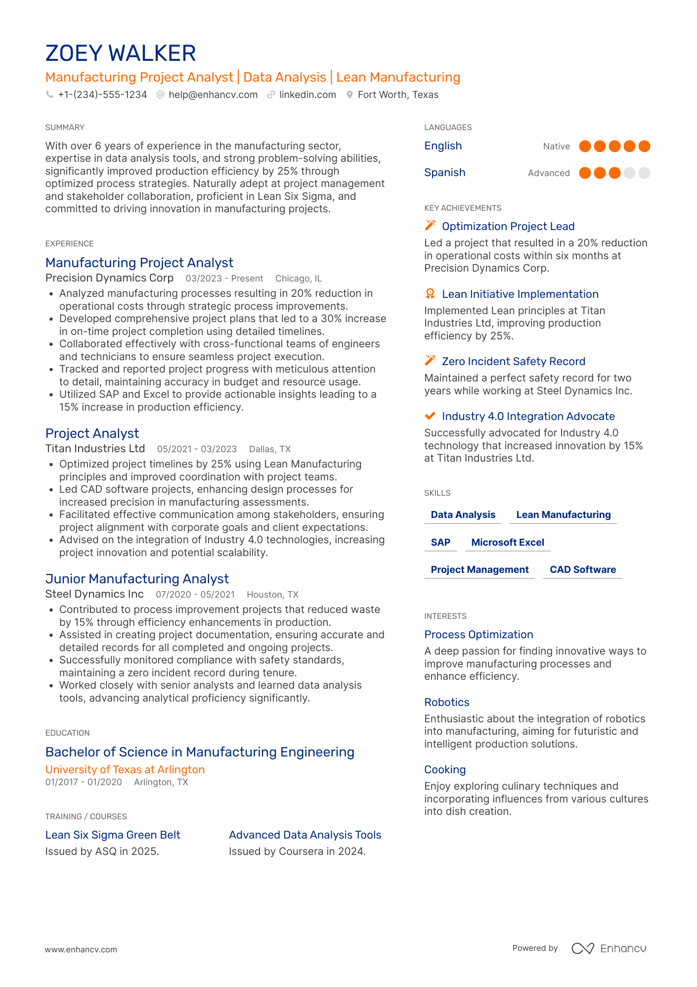 A resume example of a Manufacturing Project Analyst