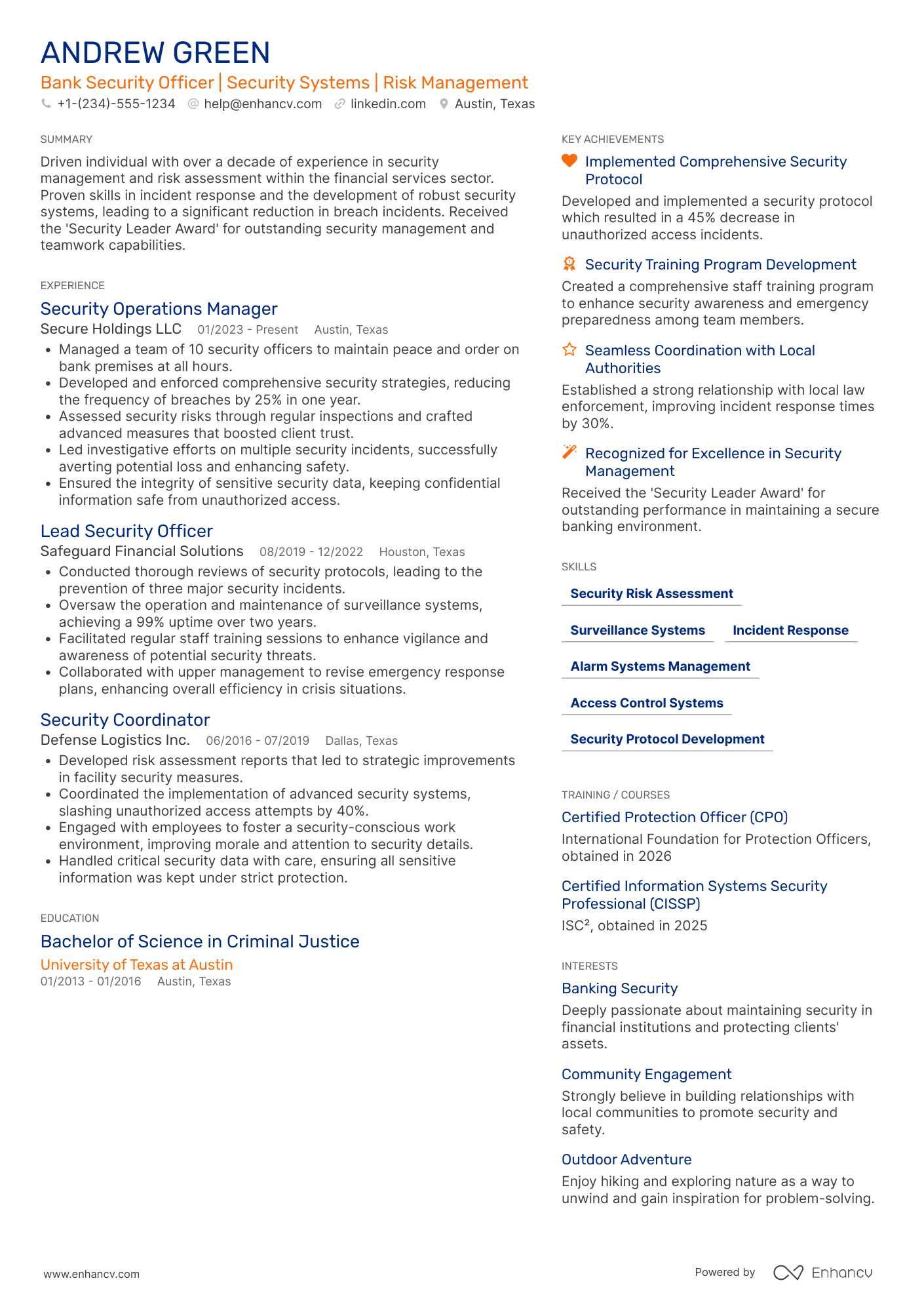 A resume example of a Bank Security Officer