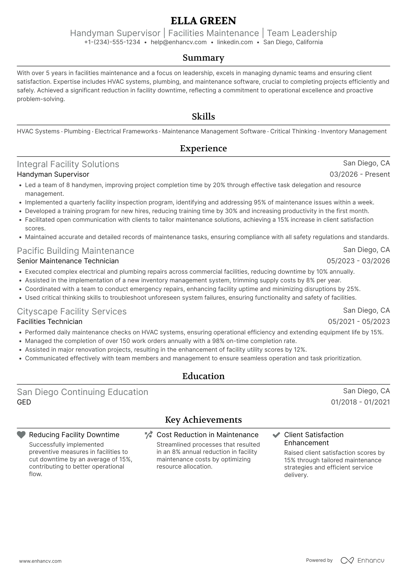 A resume example of a Handyman Supervisor