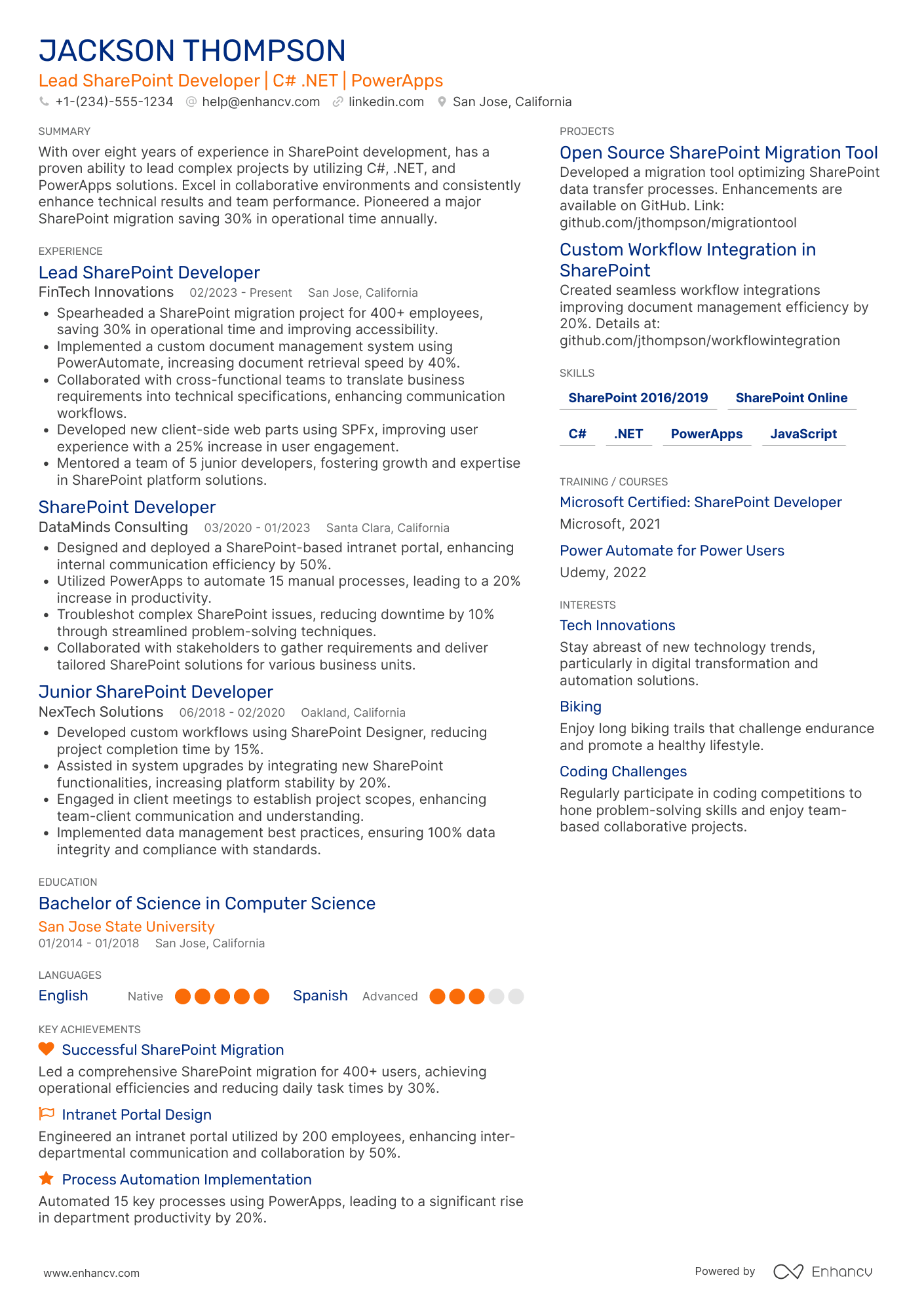 A resume example of a Lead Sharepoint Developer