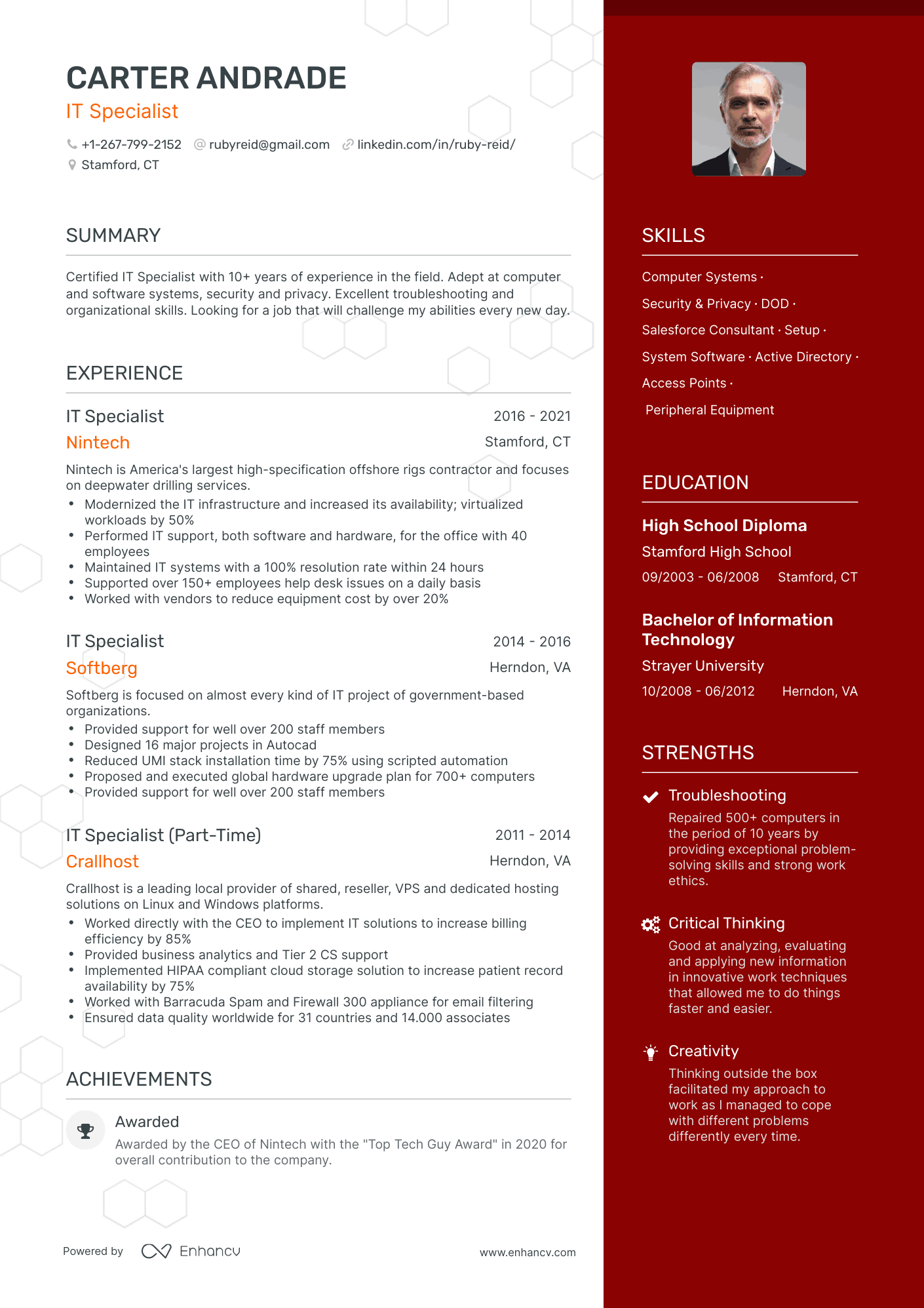 One Page IT Specialist Resume Template