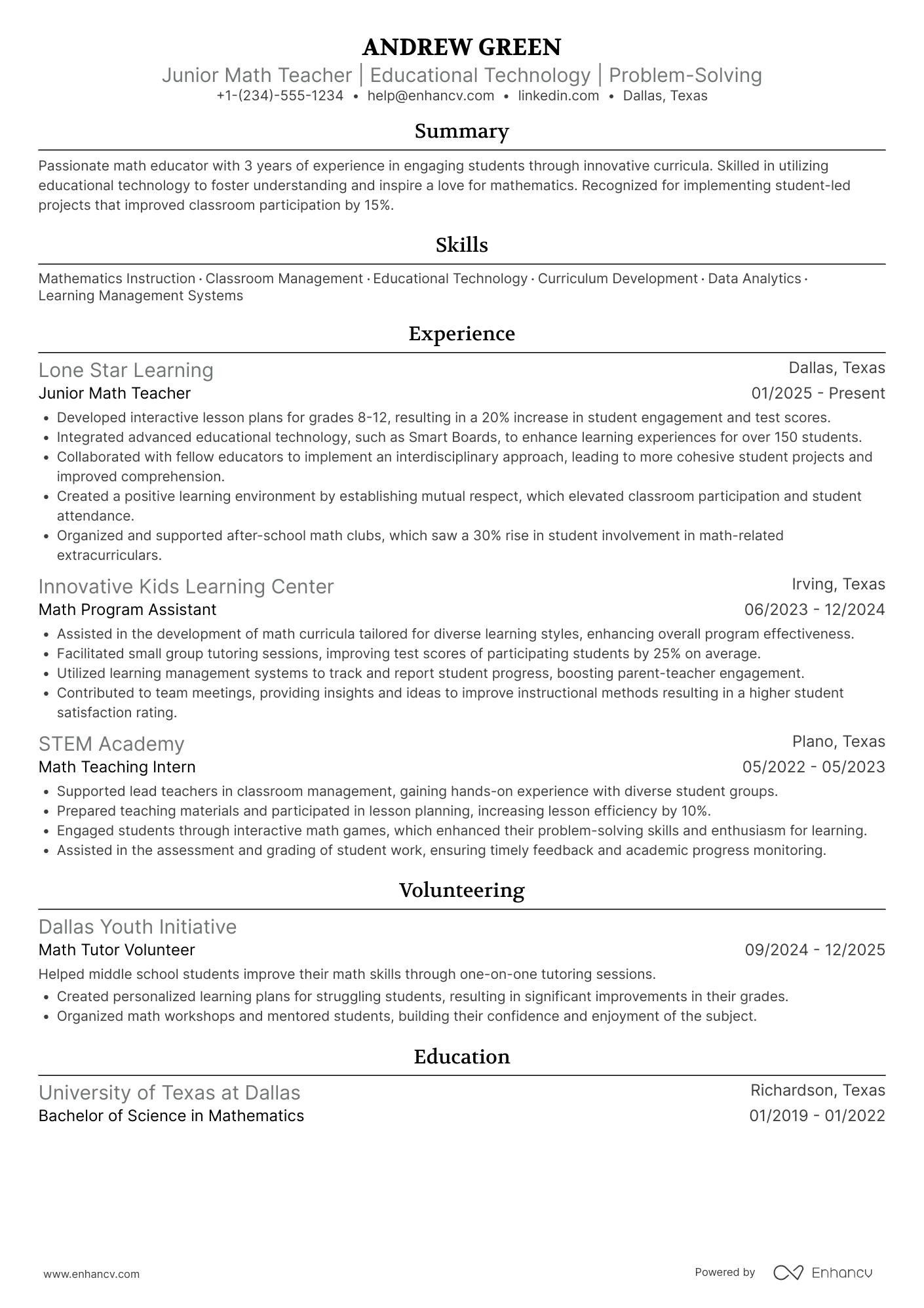 A resume example of a Junior Math Teacher