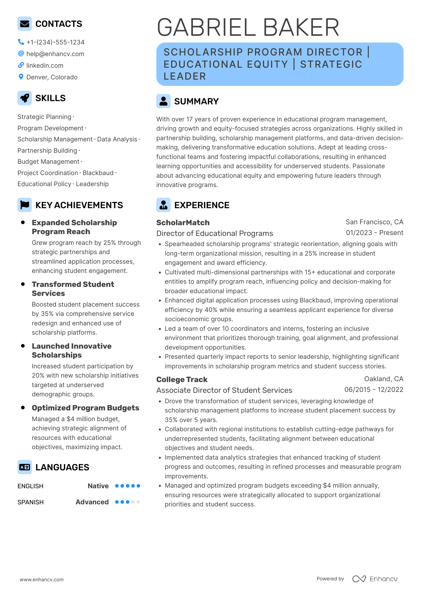 A resume example of a Scholarship Program Director