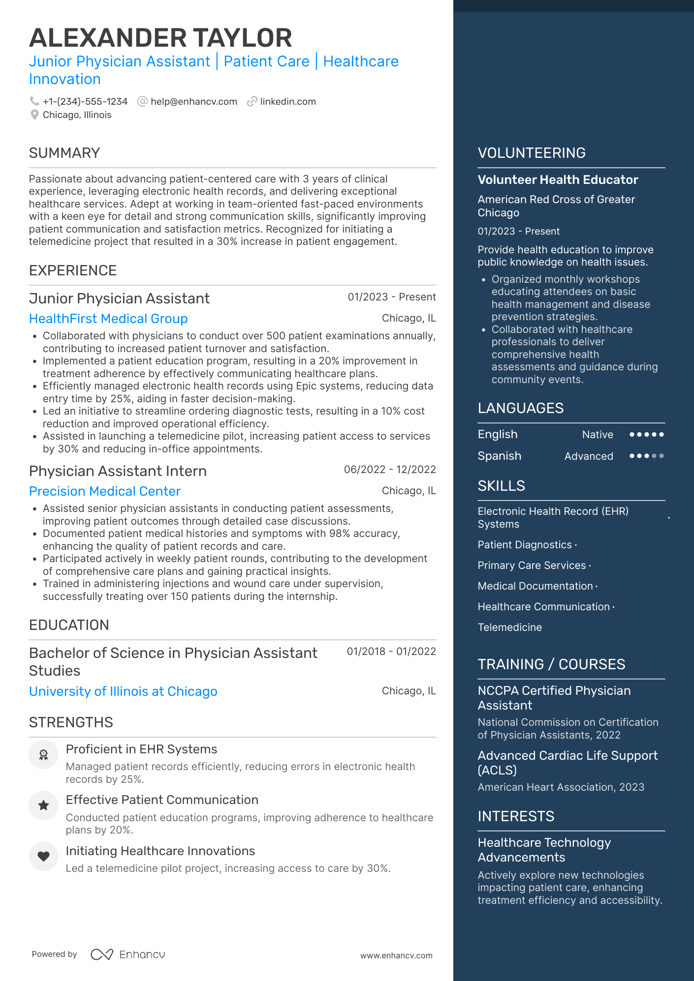 A resume example of a Junior Physician Assistant