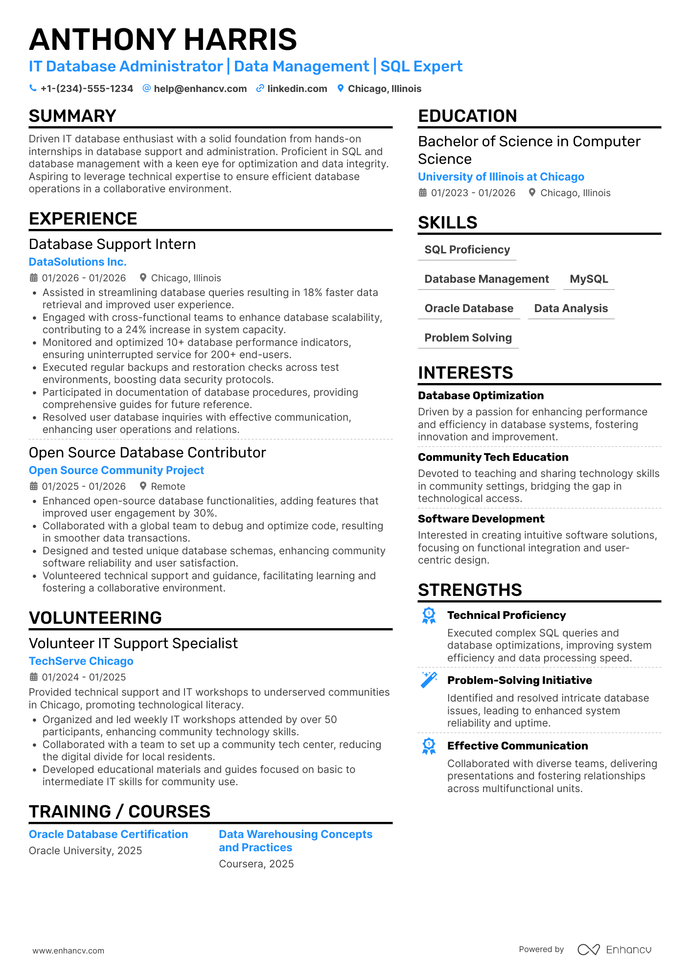 A resume example of a Entry Level IT Database Administrator