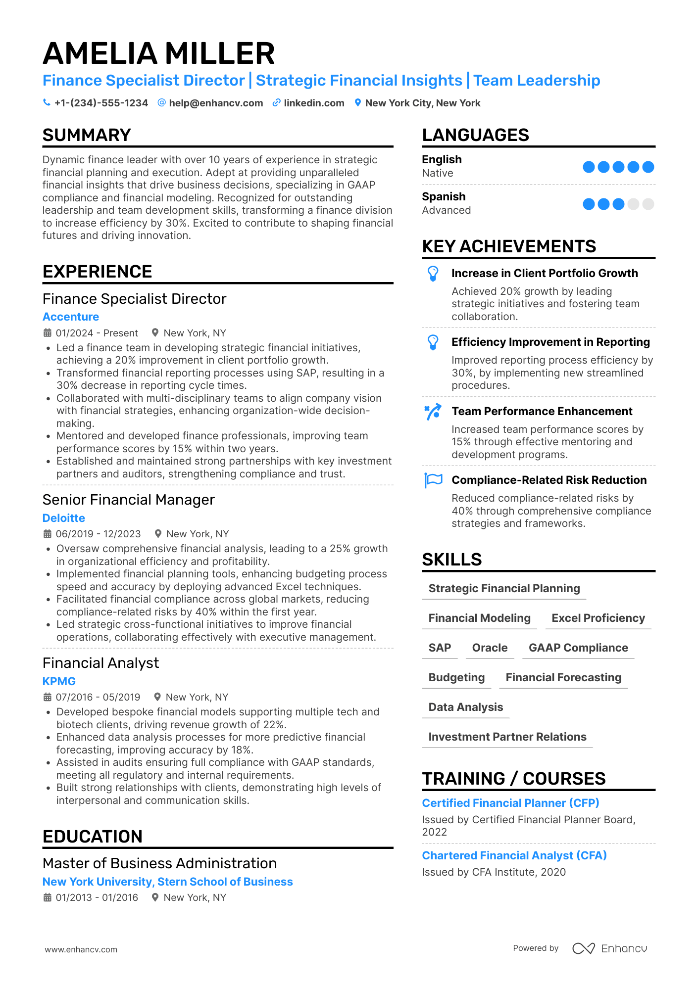 A resume example of a Finance Specialist Director