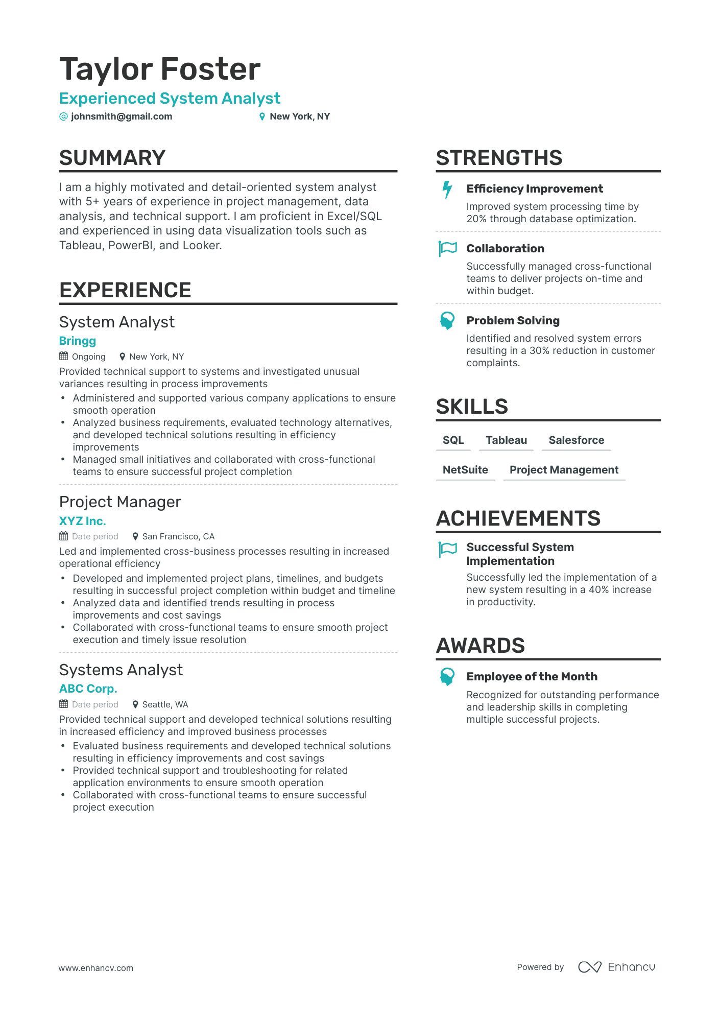 Simple System Analyst Resume Template