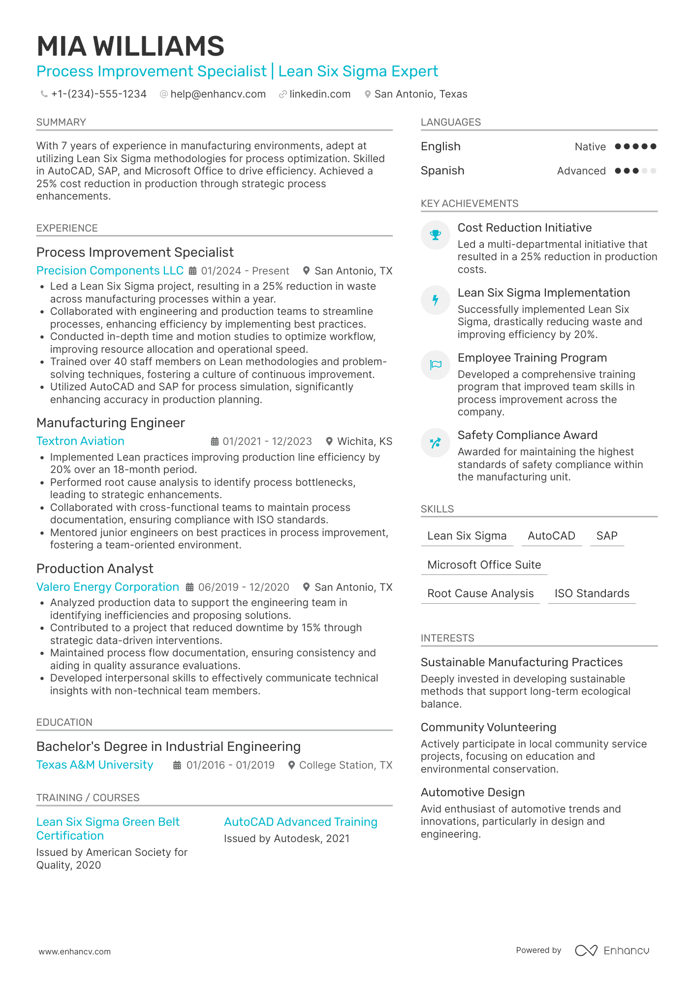 A resume example of a Manufacturing Process Improvement Manager