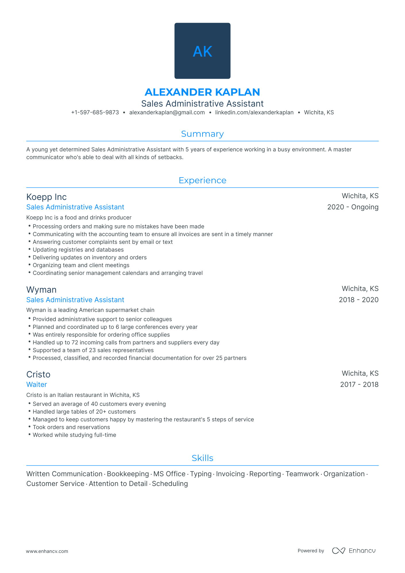 Traditional Sales Administrative Assistant Resume Template