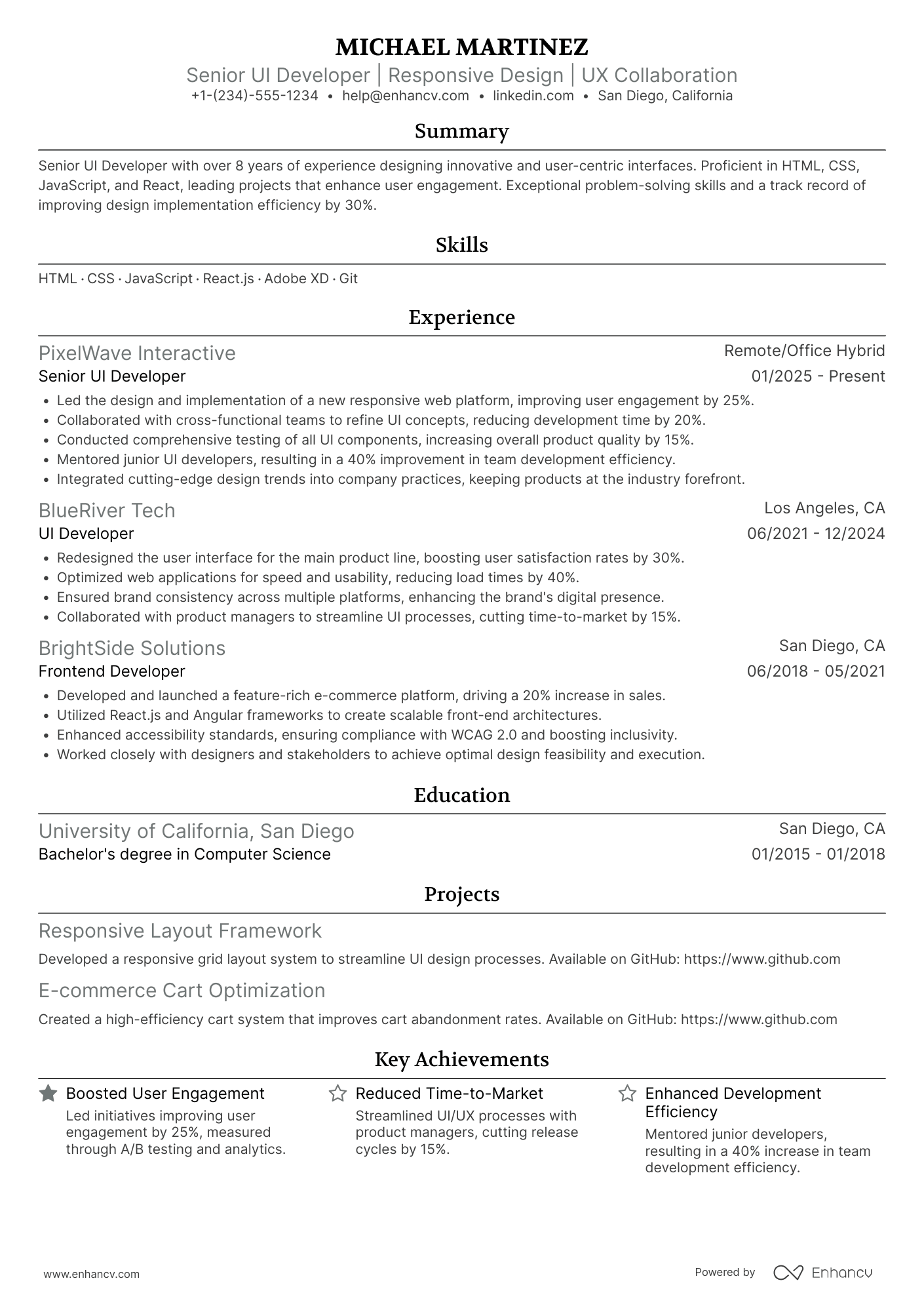 A resume example of a Senior UI Developer