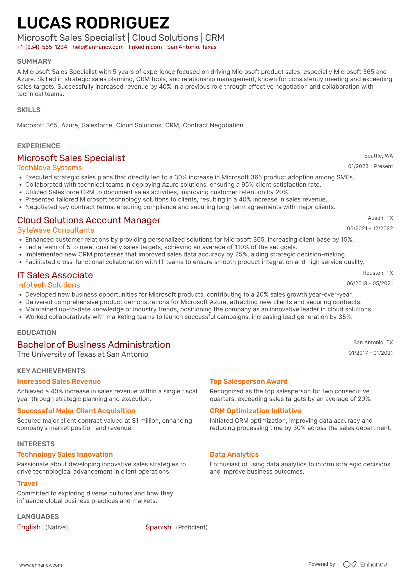 A resume example of a Microsoft Sales Specialist