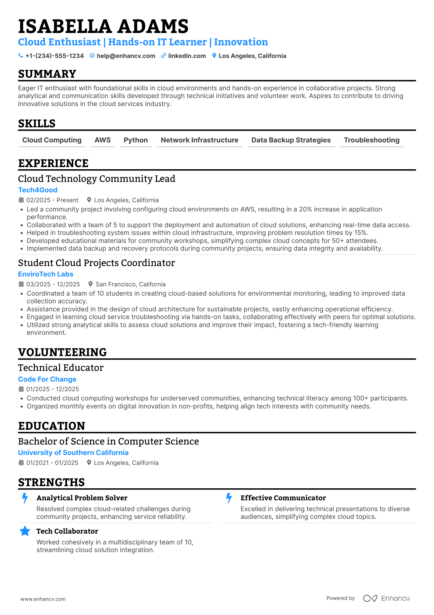 A resume example of a IT Cloud Services Intern