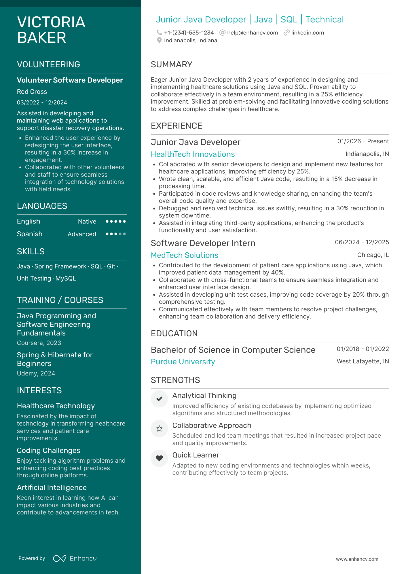 A resume example of a Junior Java Developer