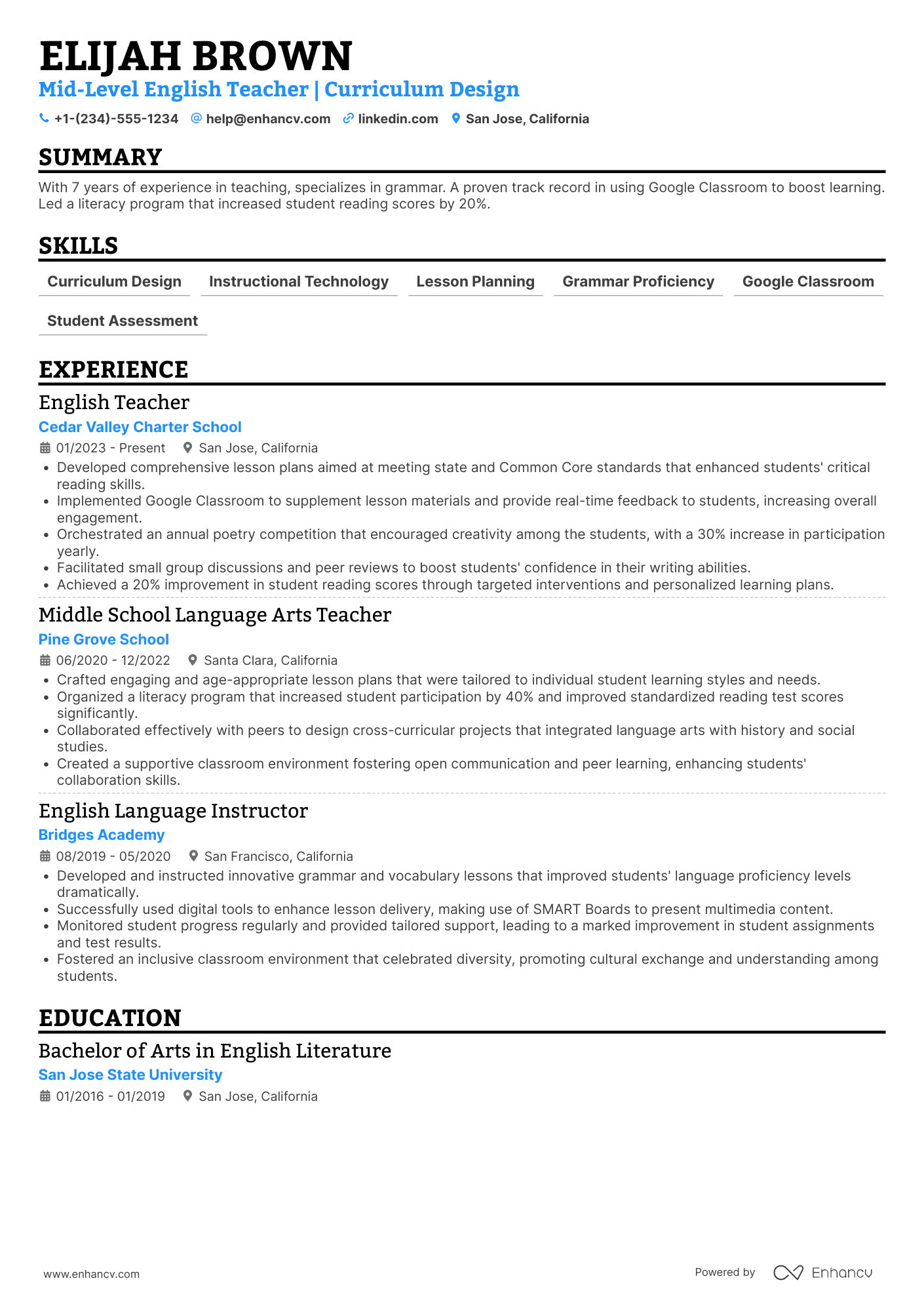 A resume example of a Mid Level English Teacher