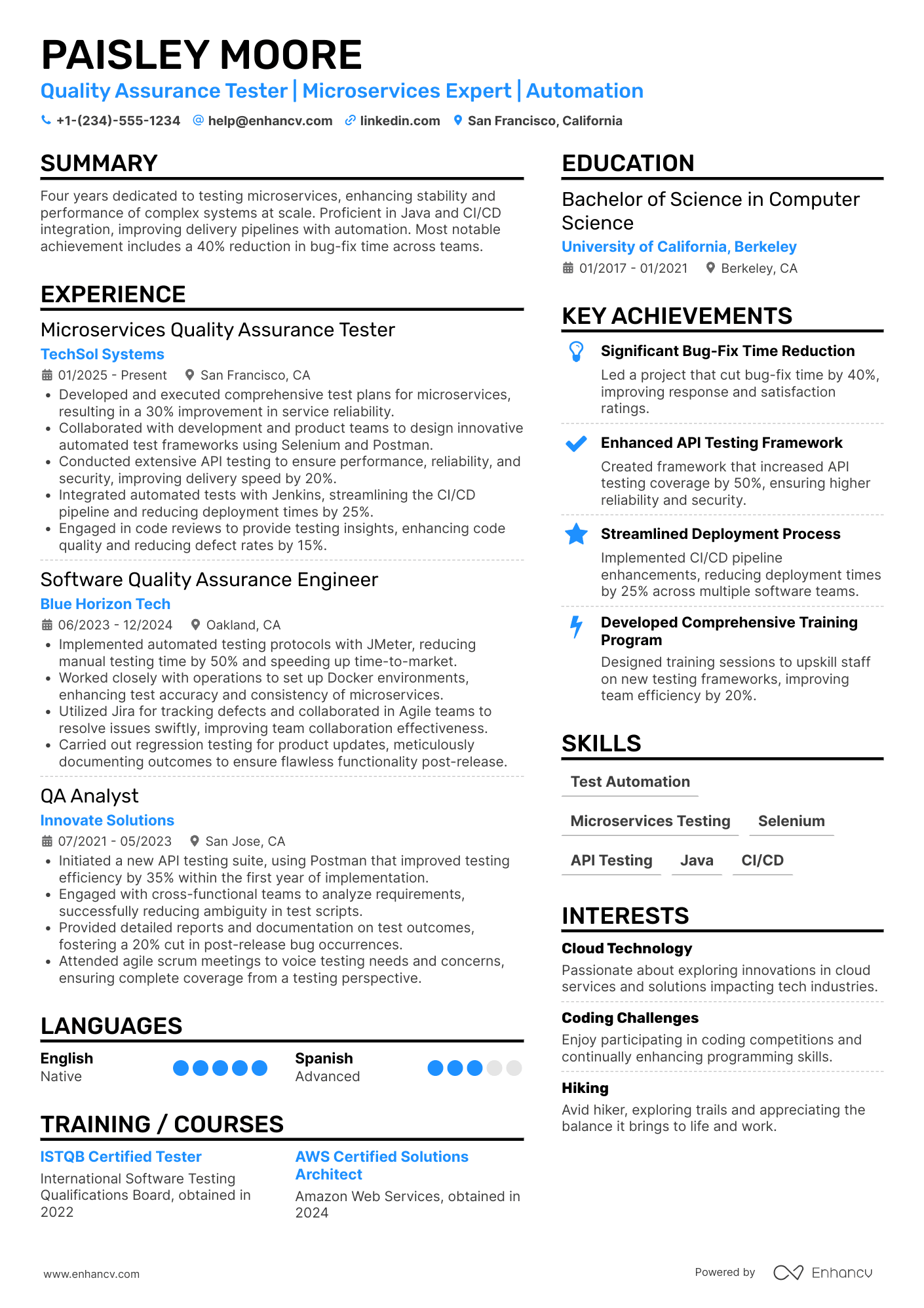 A resume example of a Microservices Quality Assurance Tester
