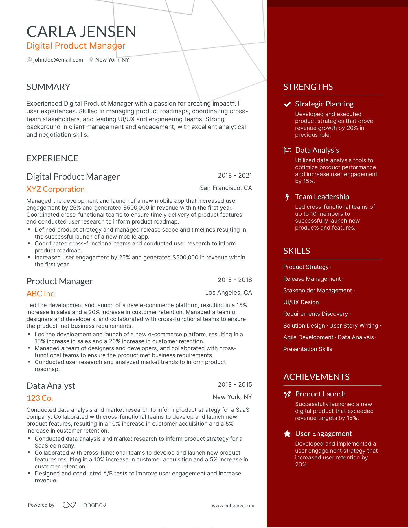One Page Digital Product Manager Resume Template