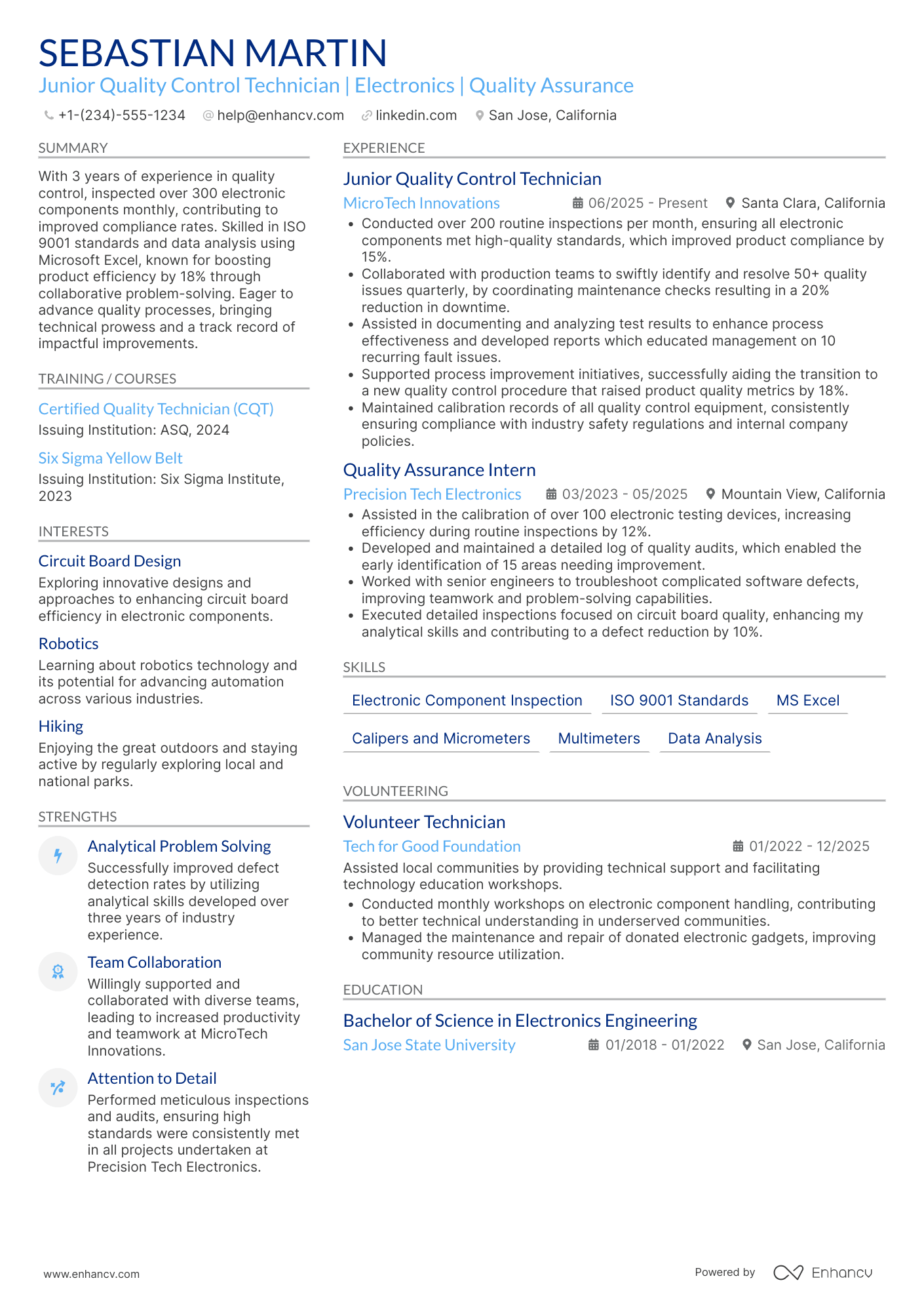 A resume example of a Junior Quality Control Technician
