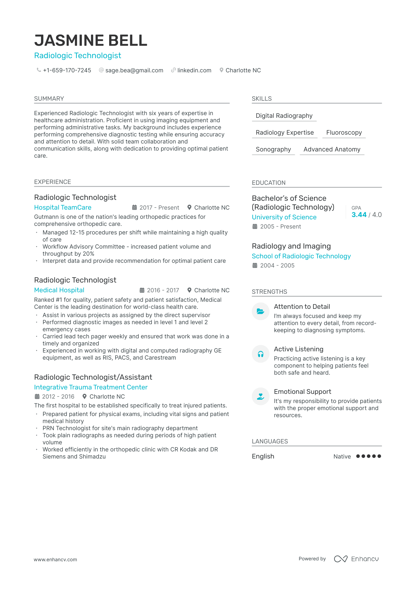 A resume example of a Radiologic Technologist